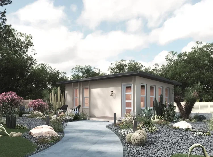 Rendering 500 sf studio or 1 bedroom modern backyard ADU in a desert-like garden with cacti and succulents.