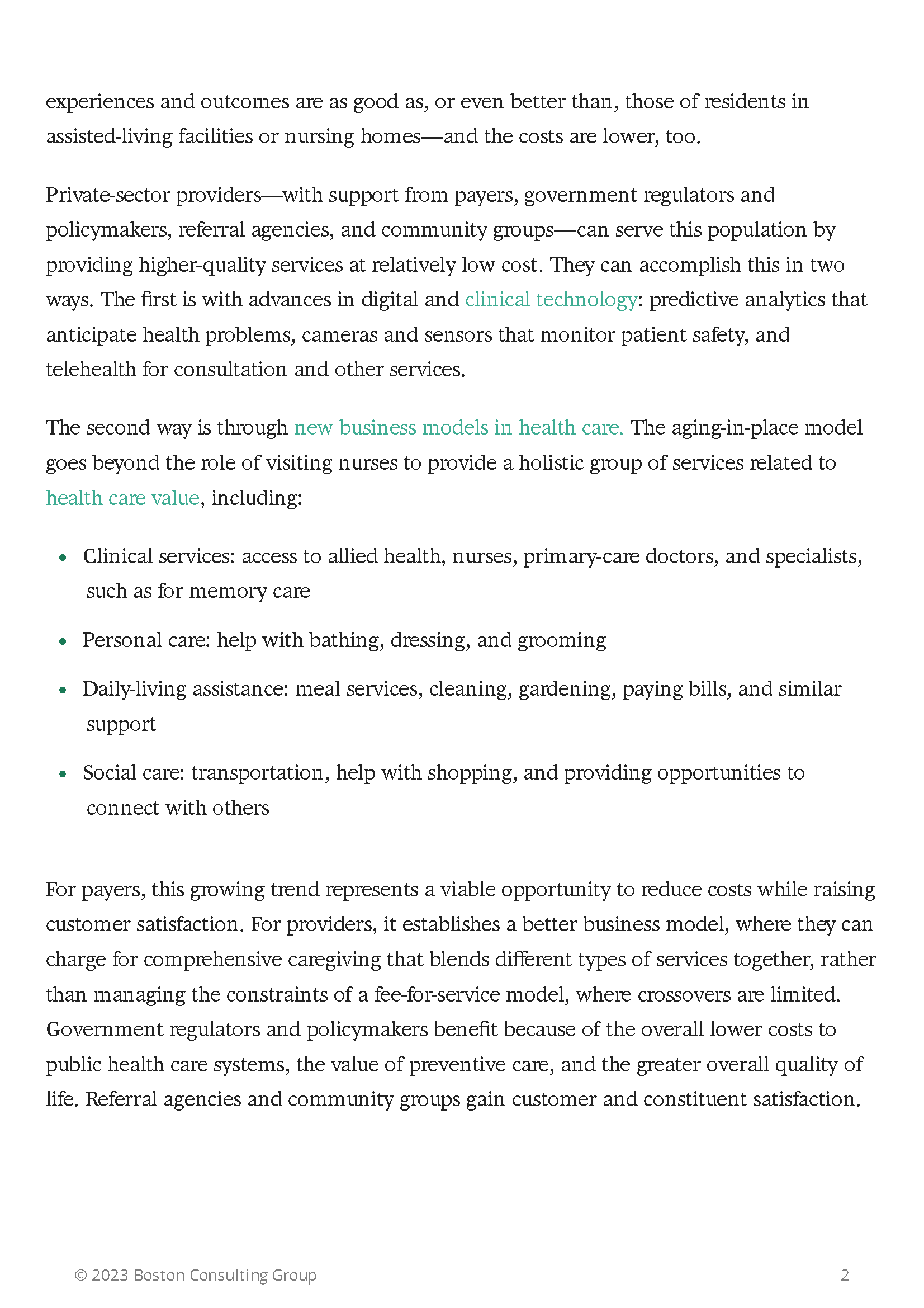 Text discussing healthcare innovations for aging-in-place. Emphasizes private-sector support for seniors through digital technology and new care models. Highlights clinical, personal, daily living, and social services to improve quality of life and r