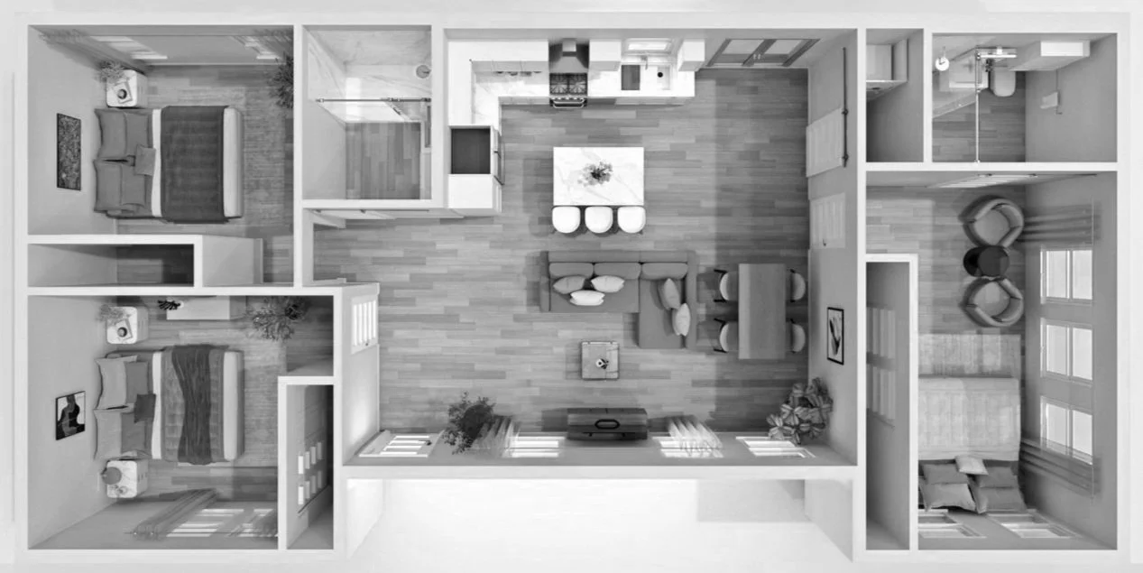 3D floor plan of a modern Backyard ADU with three bedrooms, two bathroom, a kitchen with an island, a dining area, and a living room.