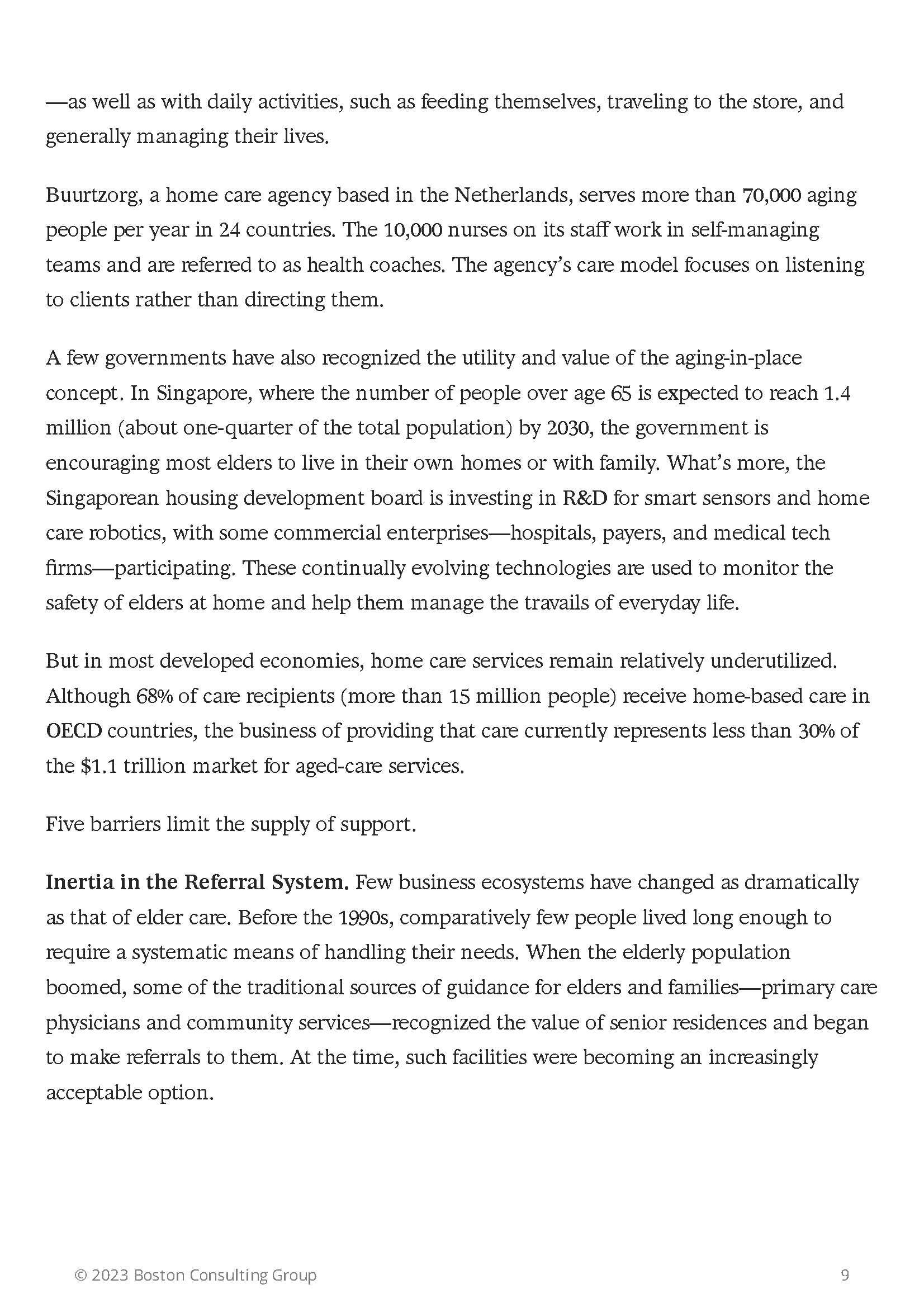 Text discussing home care in elder services, highlighting Buurtzorg agency in the Netherlands, Singapore's elder care strategy, and barriers in the system. © 2023 Boston Consulting Group.