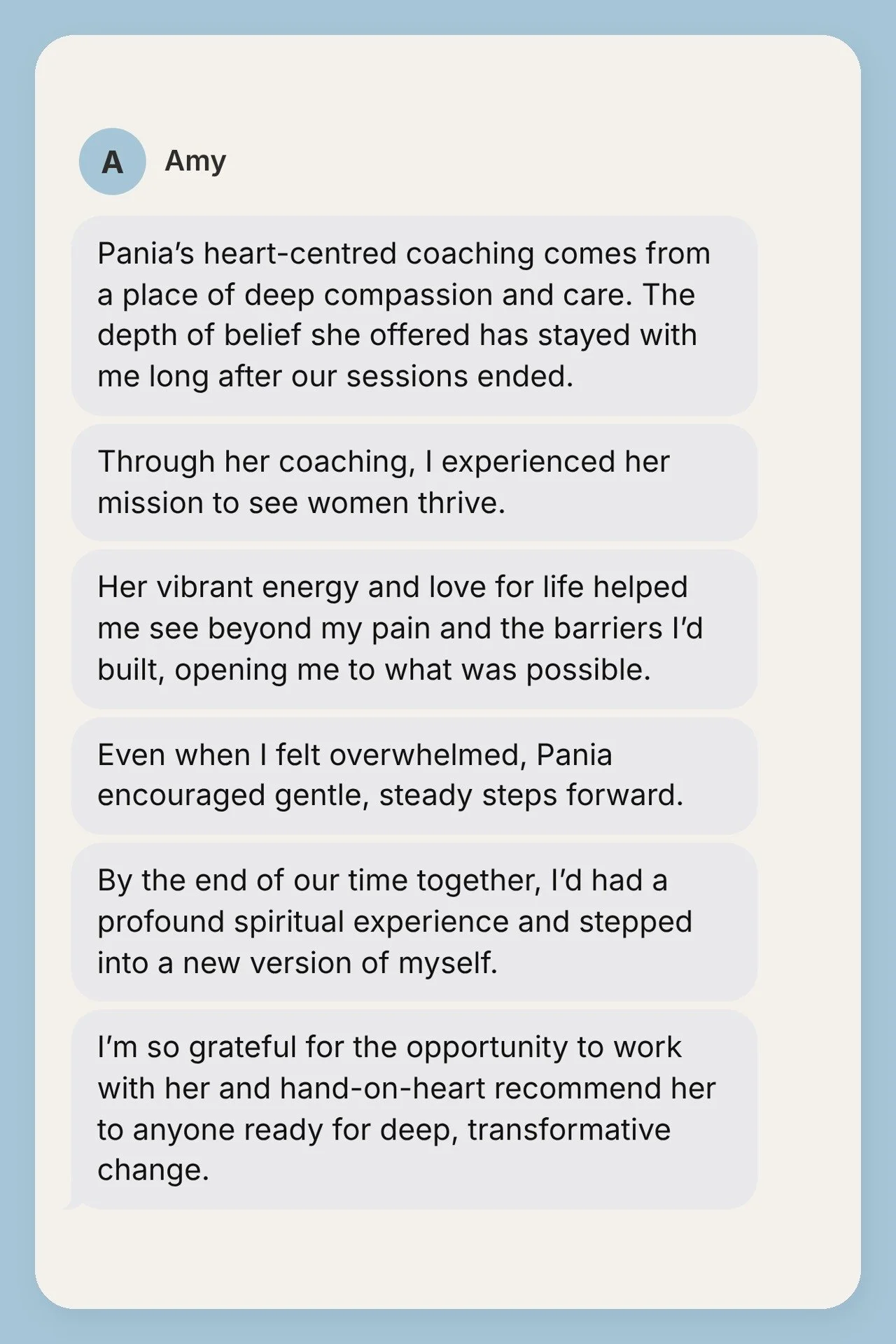 Testimonial from Amy, shown as a text message