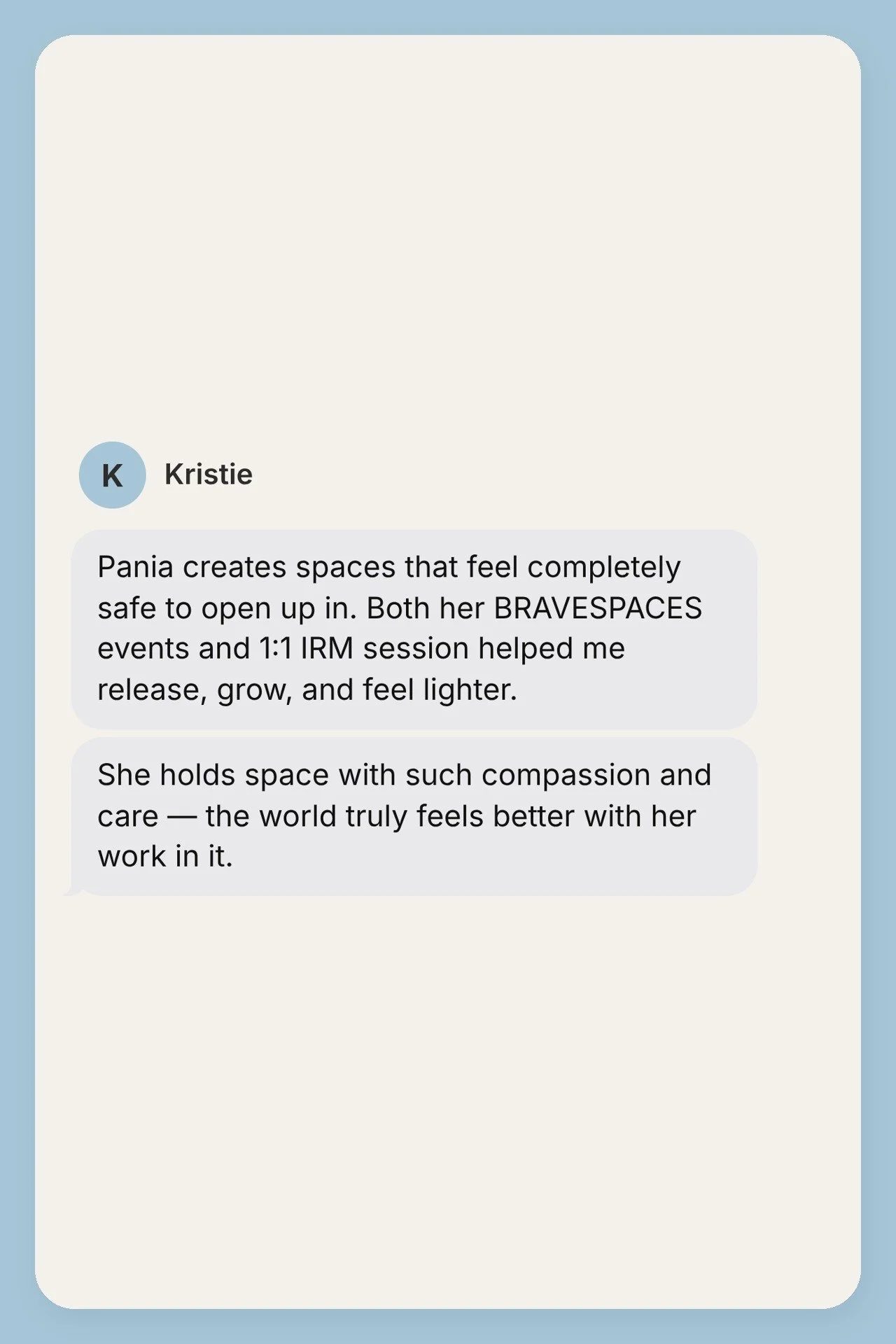 Testimonial from Kristie, shown as a text message
