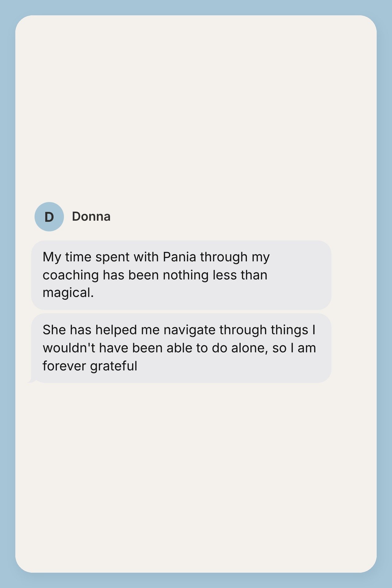Testimonial from Donna, shown as a text message