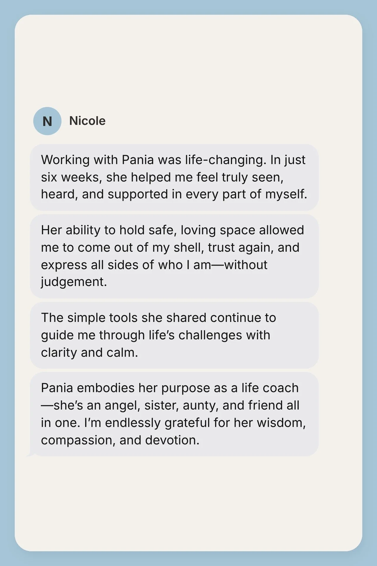 Testimonial from Nicole, shown as a text message