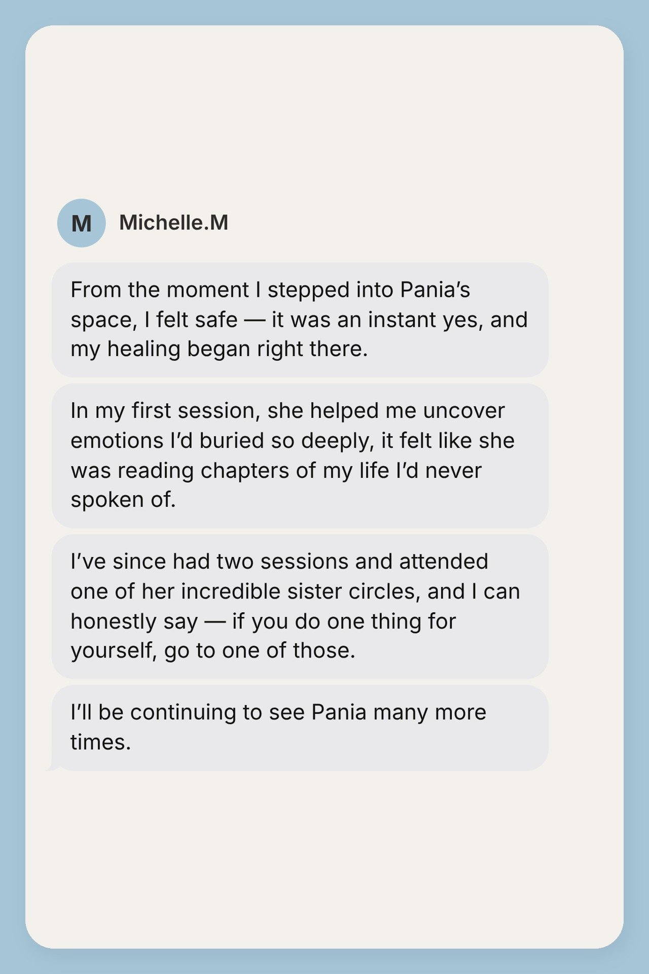 Testimonial from Michelle M, shown as a text message