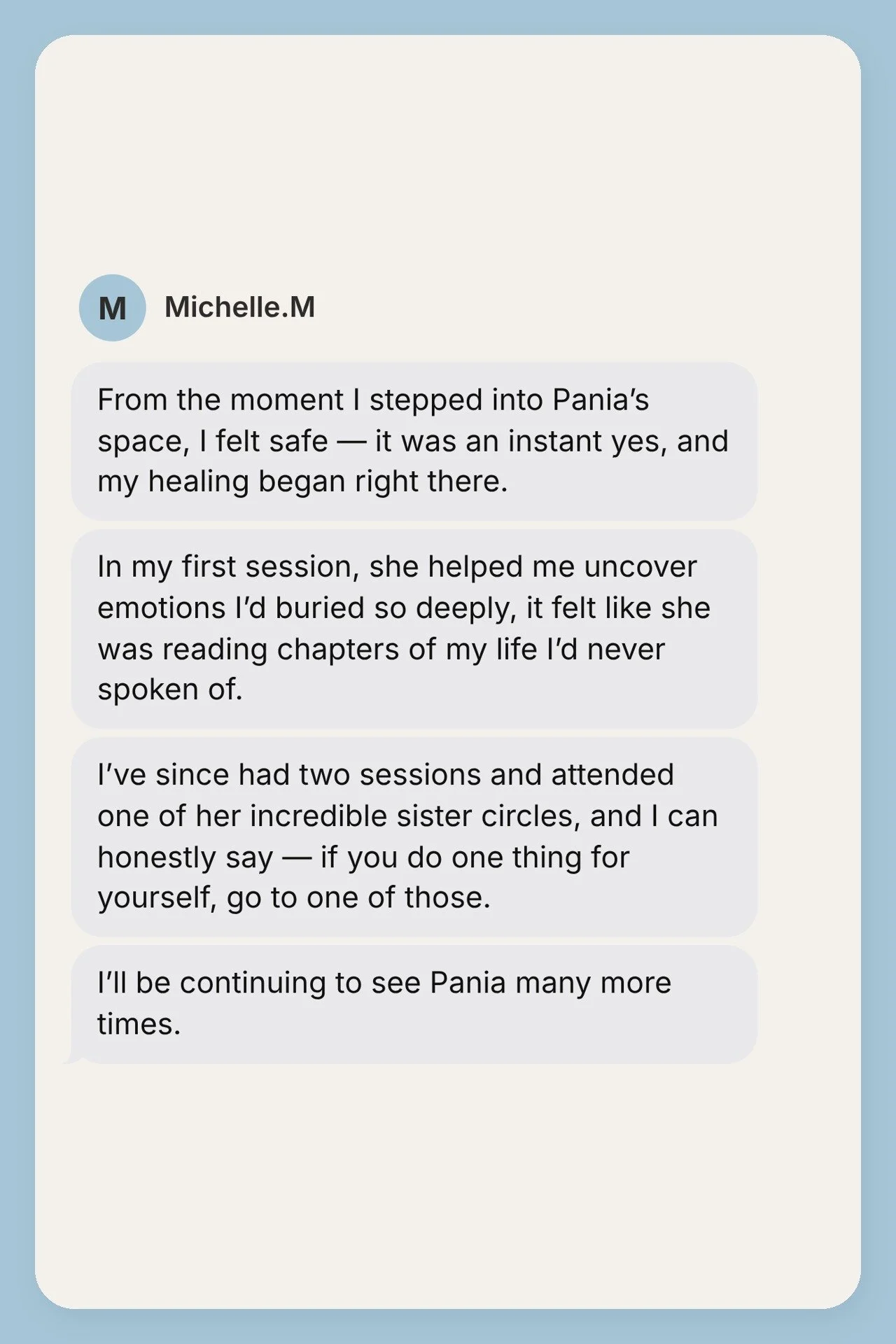 Testimonial from Michelle M, shown as a text message