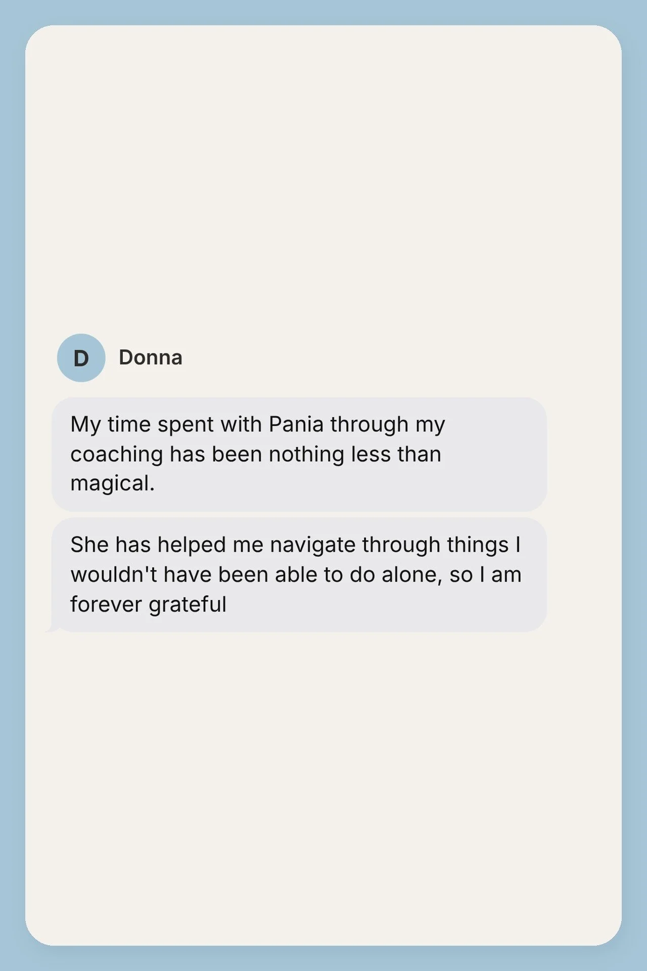 Testimonial from Donna, shown as a text message
