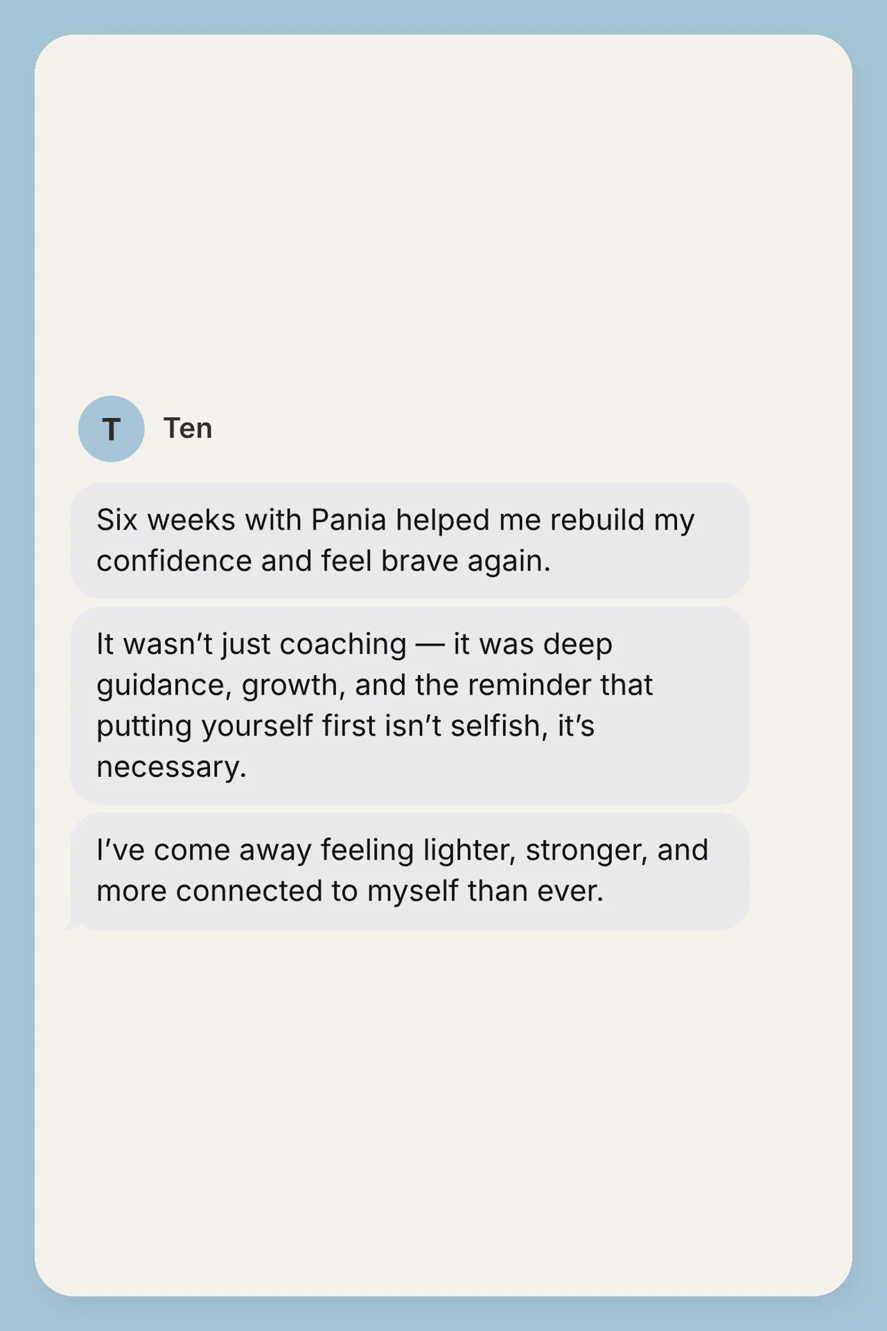 Testimonial from Ten, shown as a text message