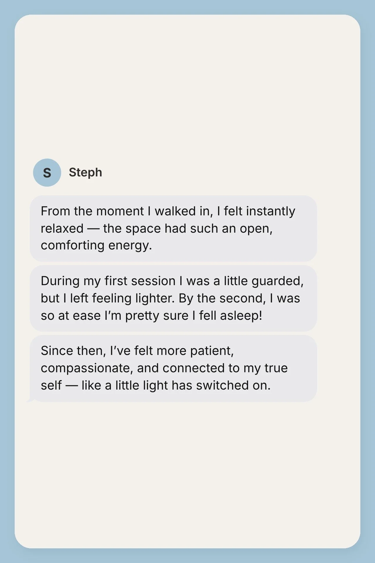 Testimonial from Steph, shown as a text message