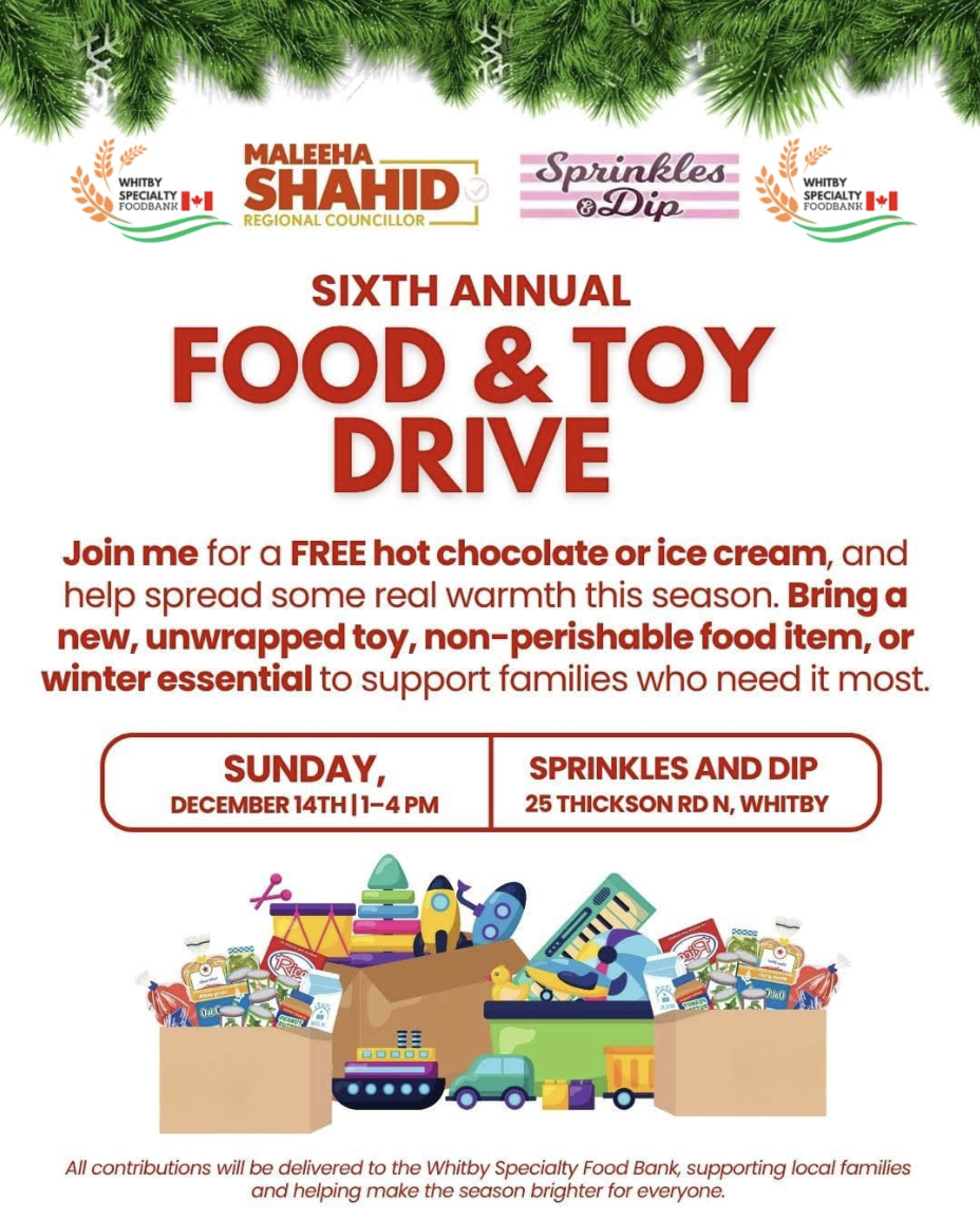 Mahleeha Shahid &amp; Whitby Specialty Food Bank 6th Annual Food &amp; Toy Drive