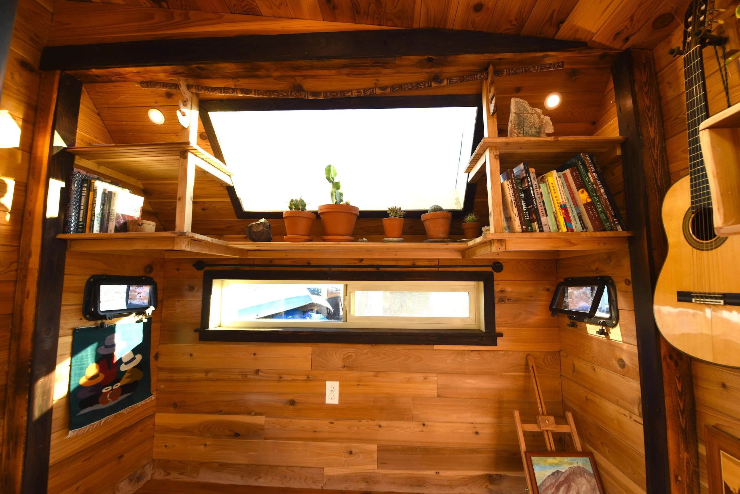 Plant shelf under skylight with books