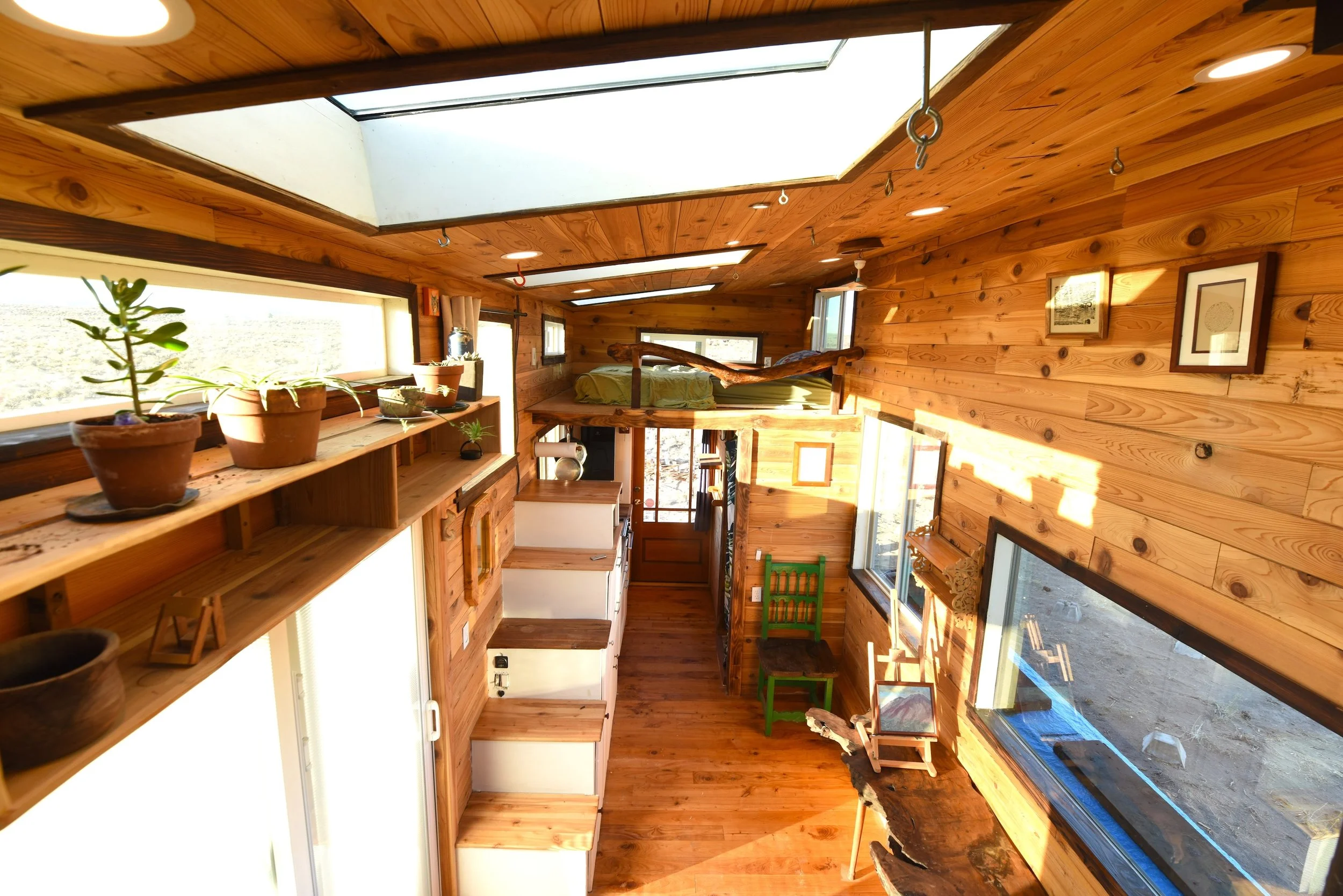 Tiny house living area with skylights