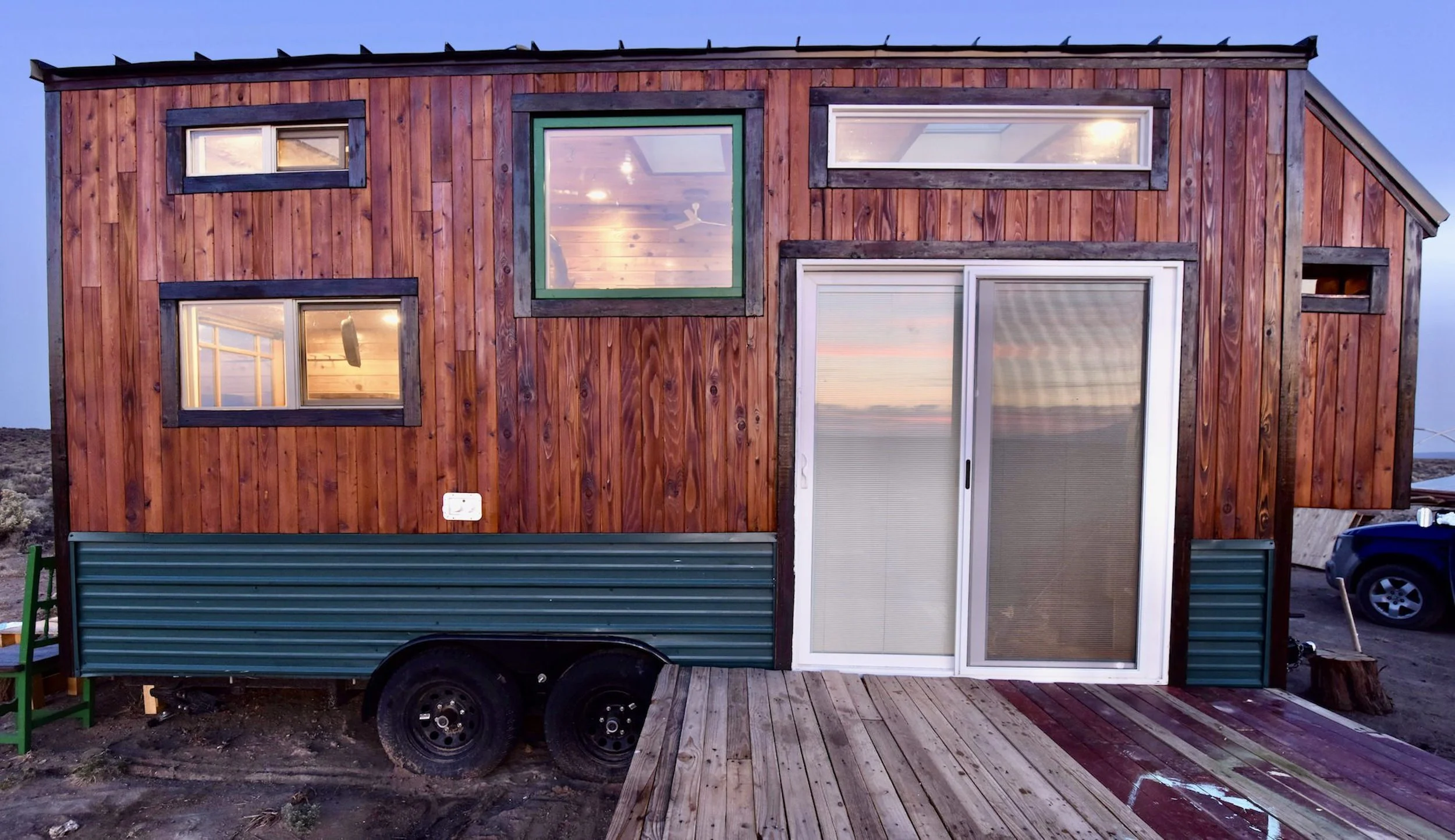Cedar tiny house during sunset