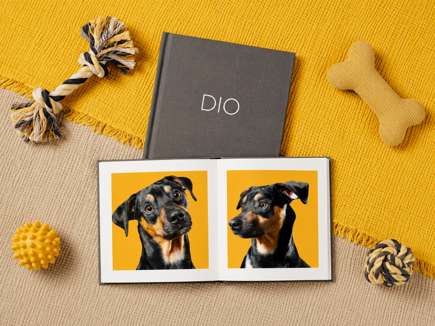 Luxury pet photo album featuring colorful studio-style dog portraits and custom artwork design.