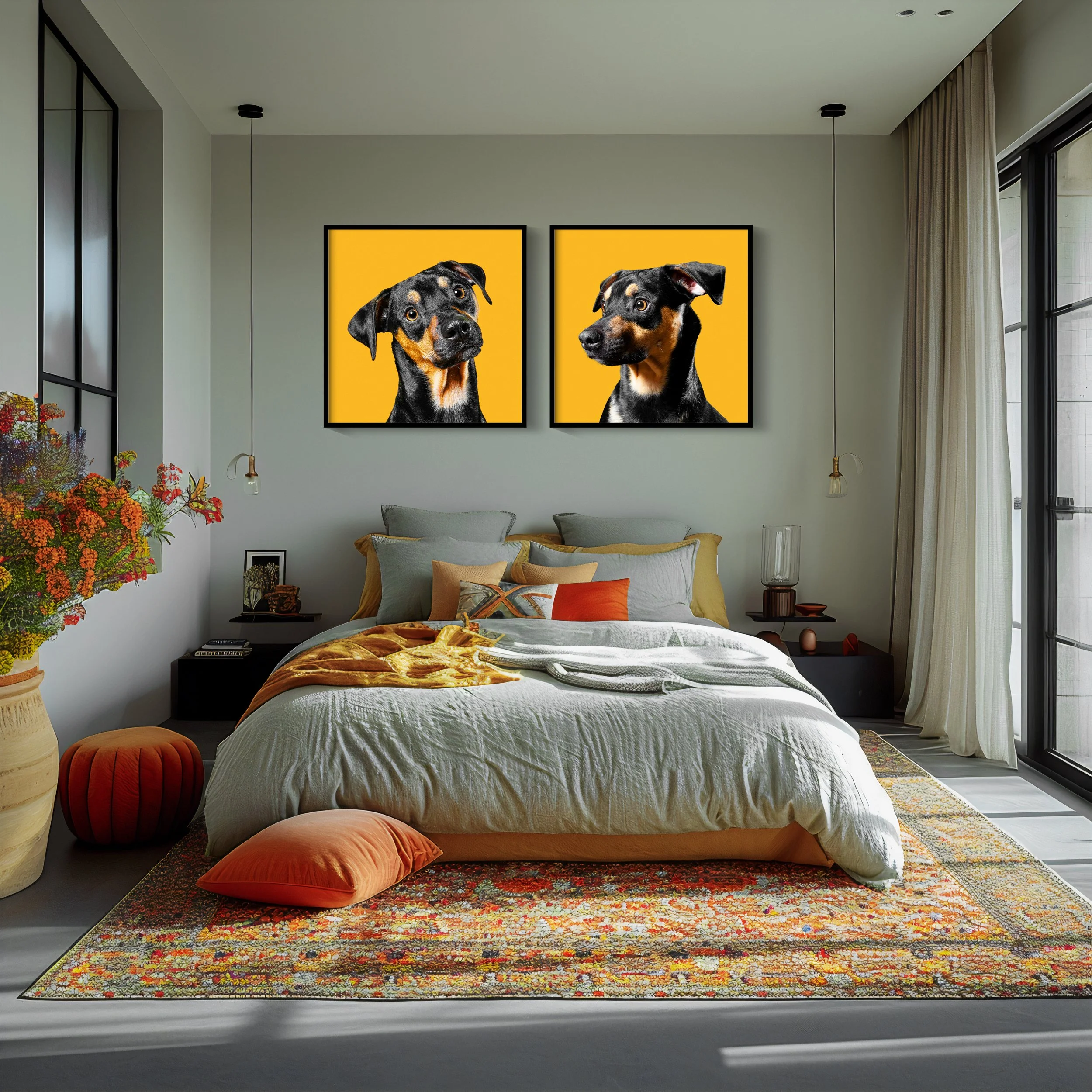 Luxury in-home pet portrait wall art displayed in a modern bedroom featuring framed studio-style dog photography by a New Jersey pet photographer.