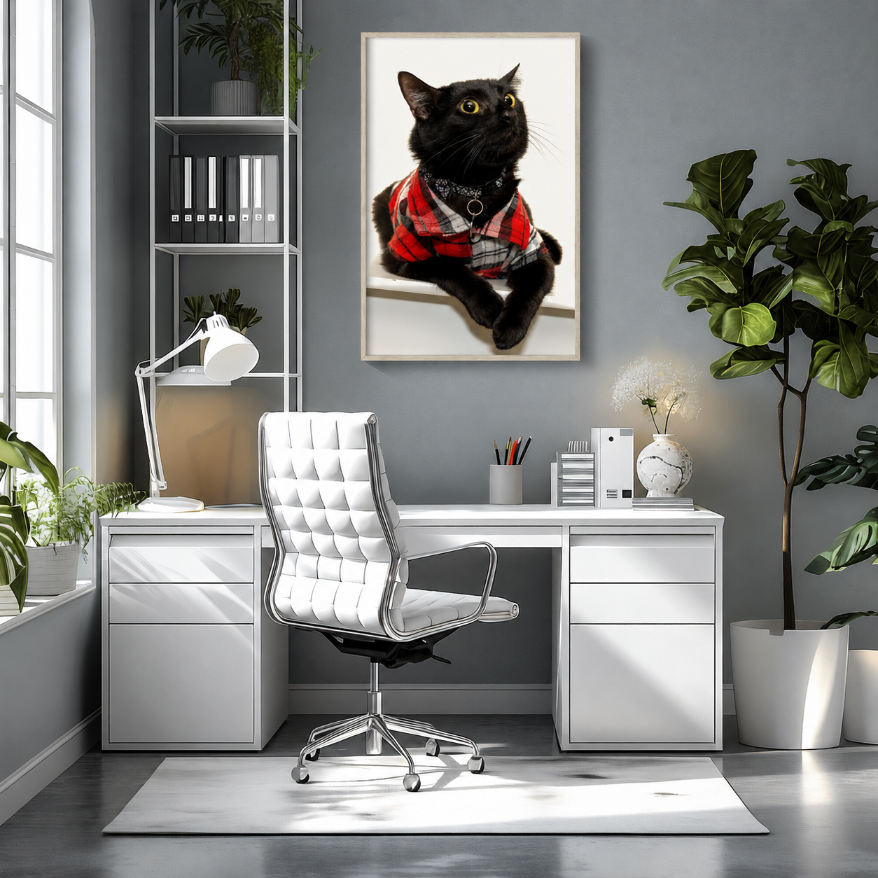 Framed black cat portrait displayed as custom pet wall art in a modern home office.