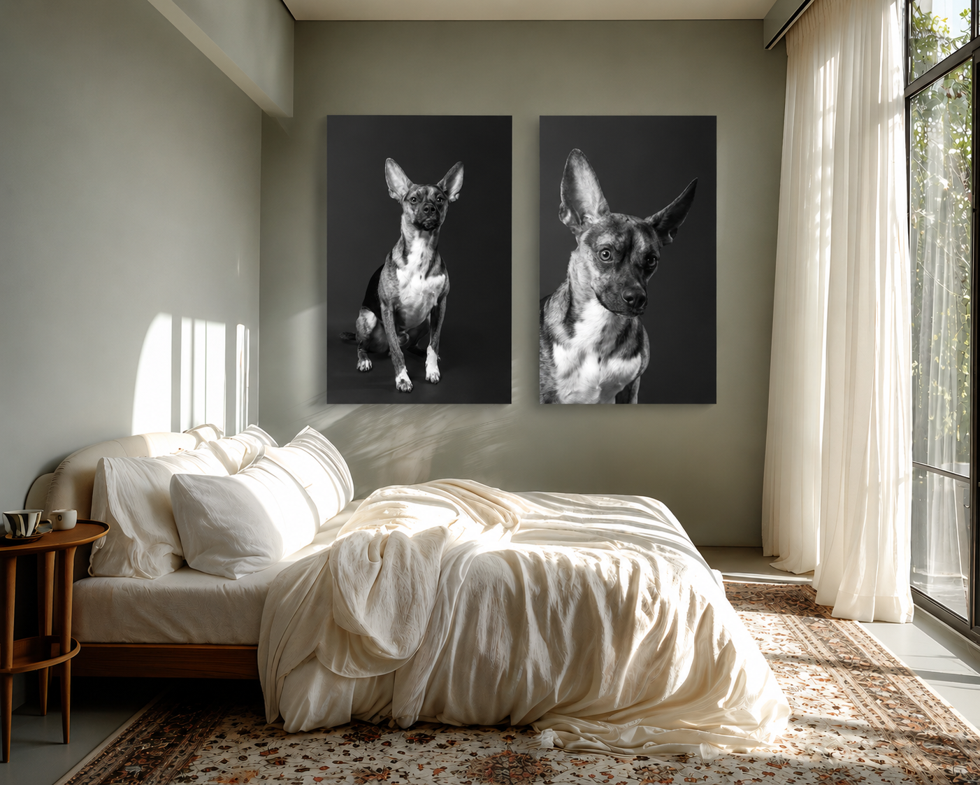 Large black and white dog portraits displayed as custom wall art in a modern bedroom.