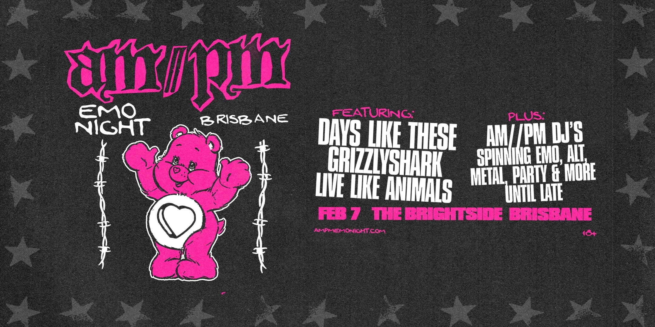 Poster for AMPM at the Brightside Brisbane Feb 7 2026 with Days Like These, Grizzlyshark, and Live Like Animals