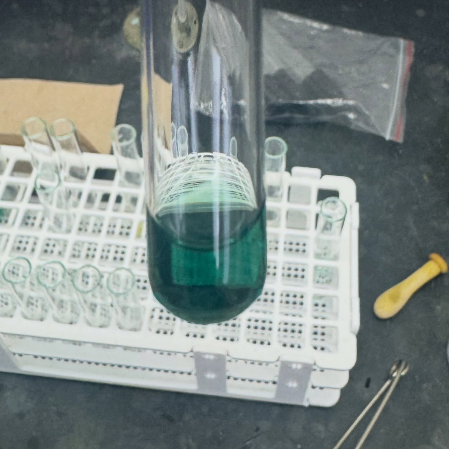 Copper Sulfate in 16M Nitric Acid for my Qualtistice Analysis final. We have a three salt mixture and had to identify what it was. Took my Modern Physics and Quantium Mechanics final yesterday. I have my Ochem II ACS final on Tuesday. Really glad thi