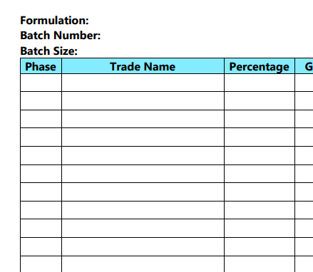 New Product: Formulation Sheet