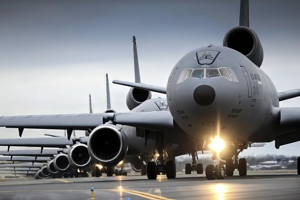 A lineup of military cargo planes parked on an airfield with overcast skies, with the sunlight shining through in front of the closest plane.
