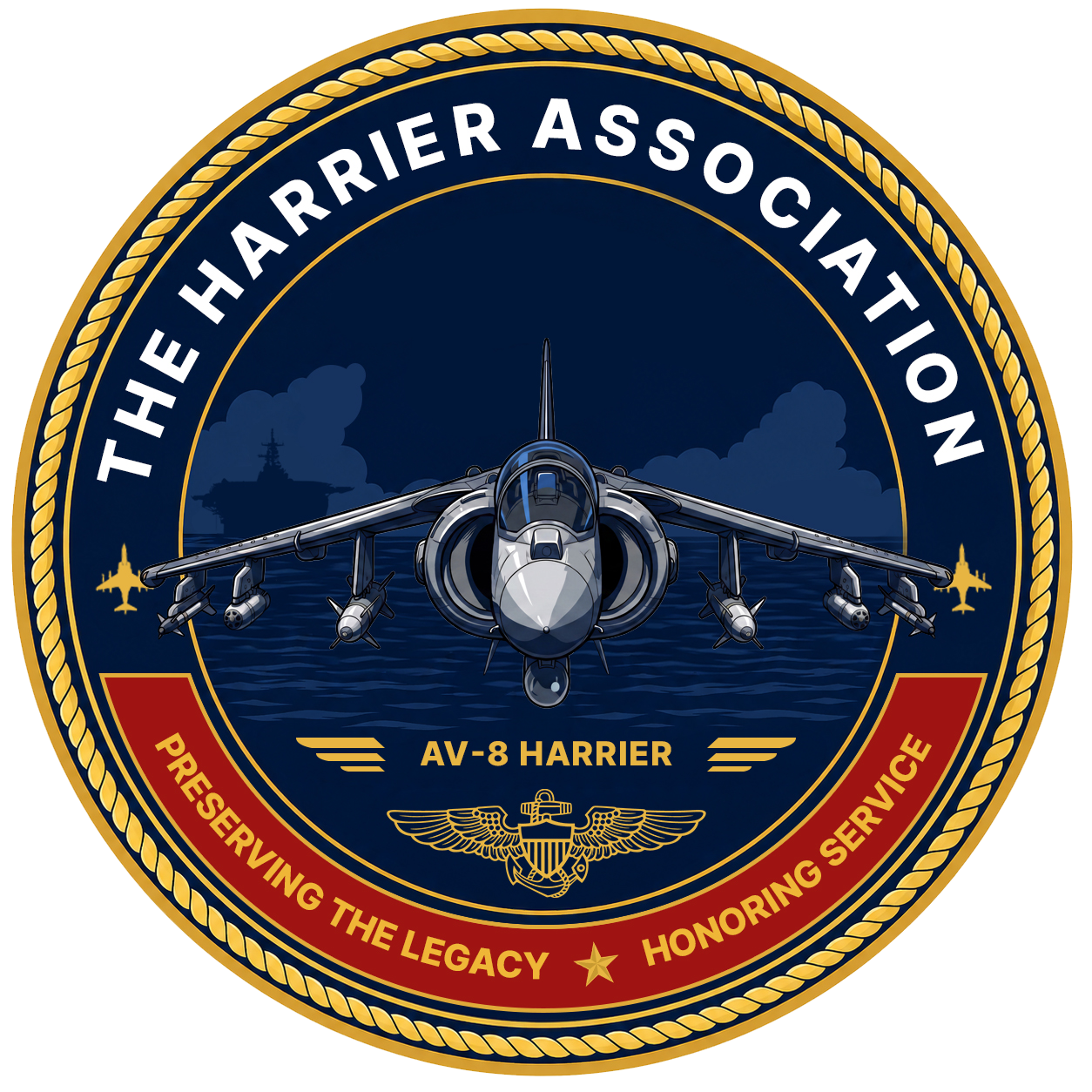 A circular emblem for the U.S. Navy's Helicopter Maritime Strike Squadron 60, featuring an AV-8 Harrier jet in the center flying over water, with a naval ship in the background. The text reads 'The Harrier Association,' 'AV-8 Harrier,' and 'Preserving the Legacy, Honoring Service'.