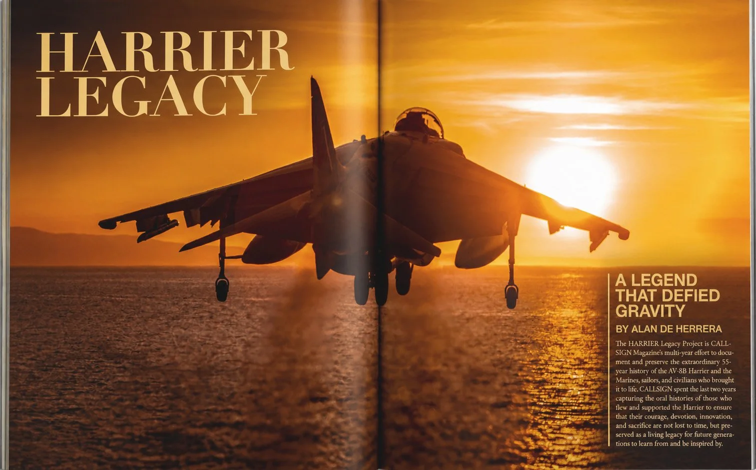 A fighter jet flying over the ocean during sunset with the text "Harrier Legacy" and "A Legend That Defied Gravity" on the right, along with a description of the Harrier Legacy Project.