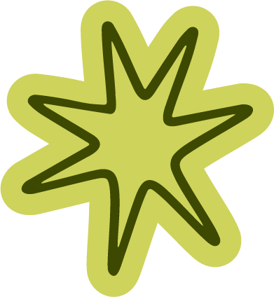 Green star-shaped burst with an outline.
