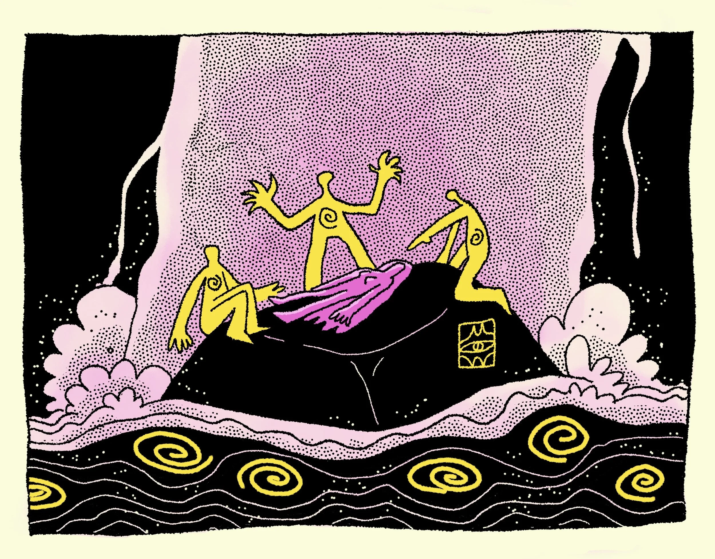 Illustration of three yellow figures with spiral markings sitting on a dark rock rising from swirling water, framed by a pink dotted waterfall gorge, with yellow spirals in the black pool below.