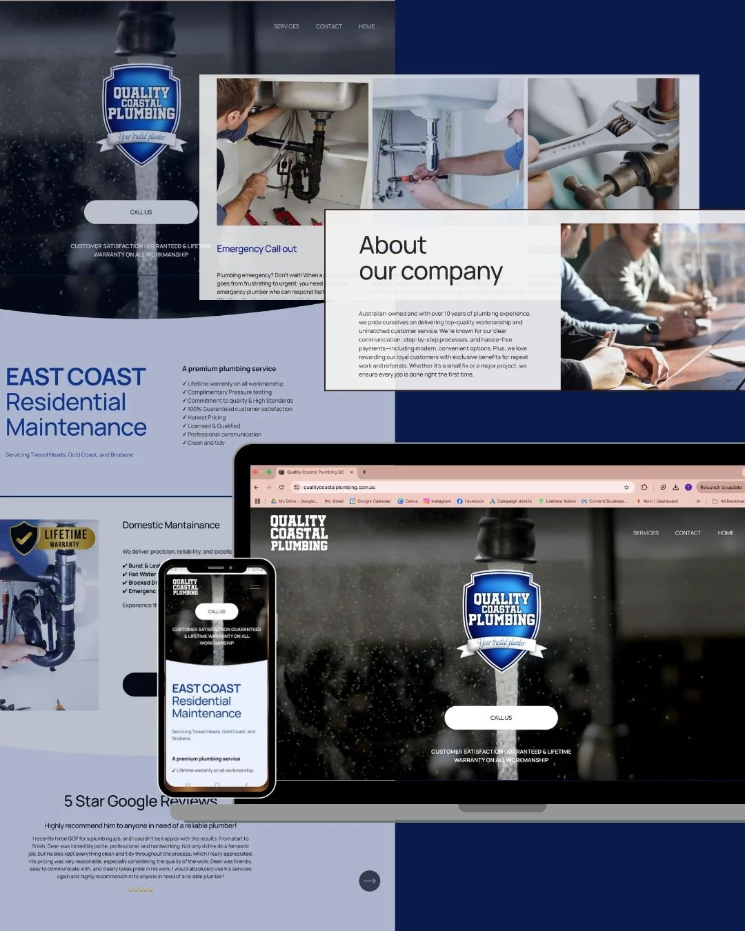 A new affordable website design for a plumbing company's called 'Quality Coastal Plumbing.' The site features a logo with a shield, images of plumbers working under sinks, and a section about the company's services, customer warranty, and reviews.