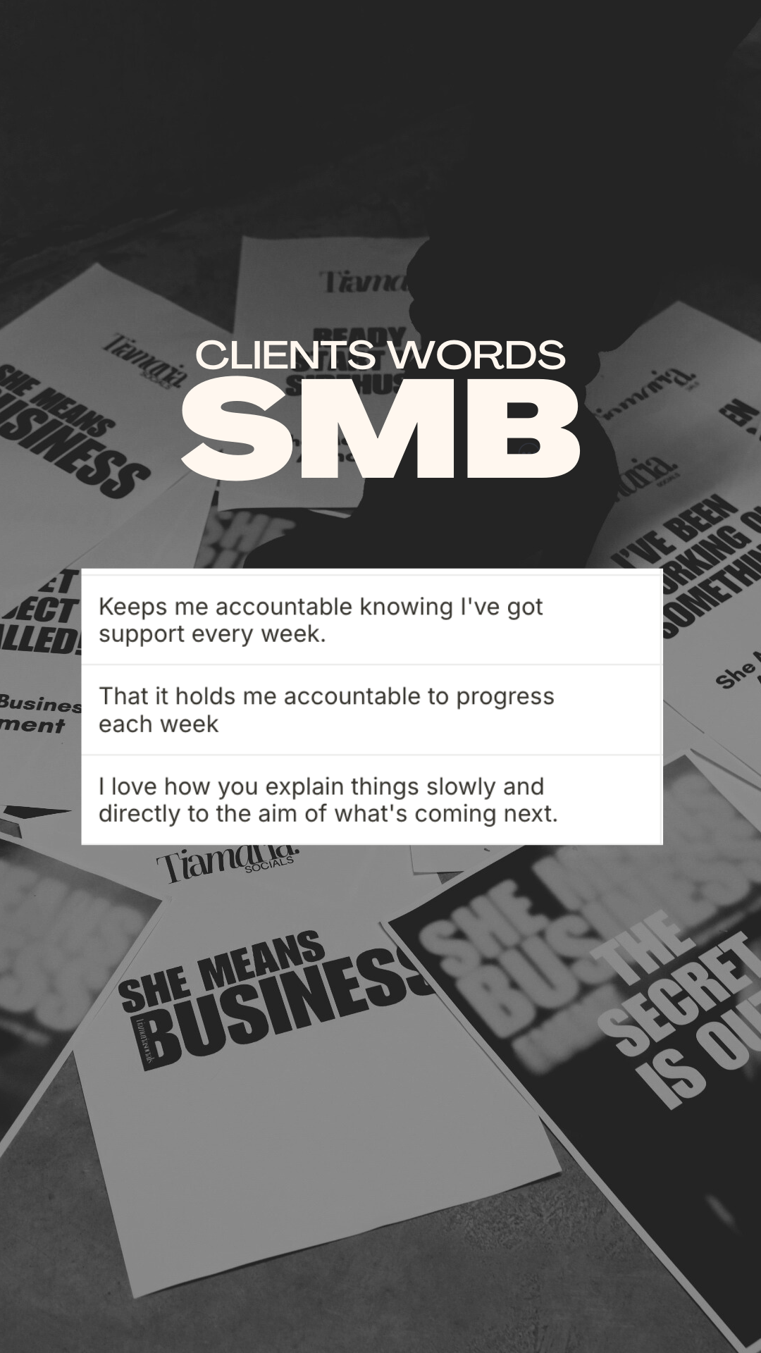 A collection of printed motivational and business-related posters and papers spread on a surface, with overlay text expressing appreciation for support and clarity.