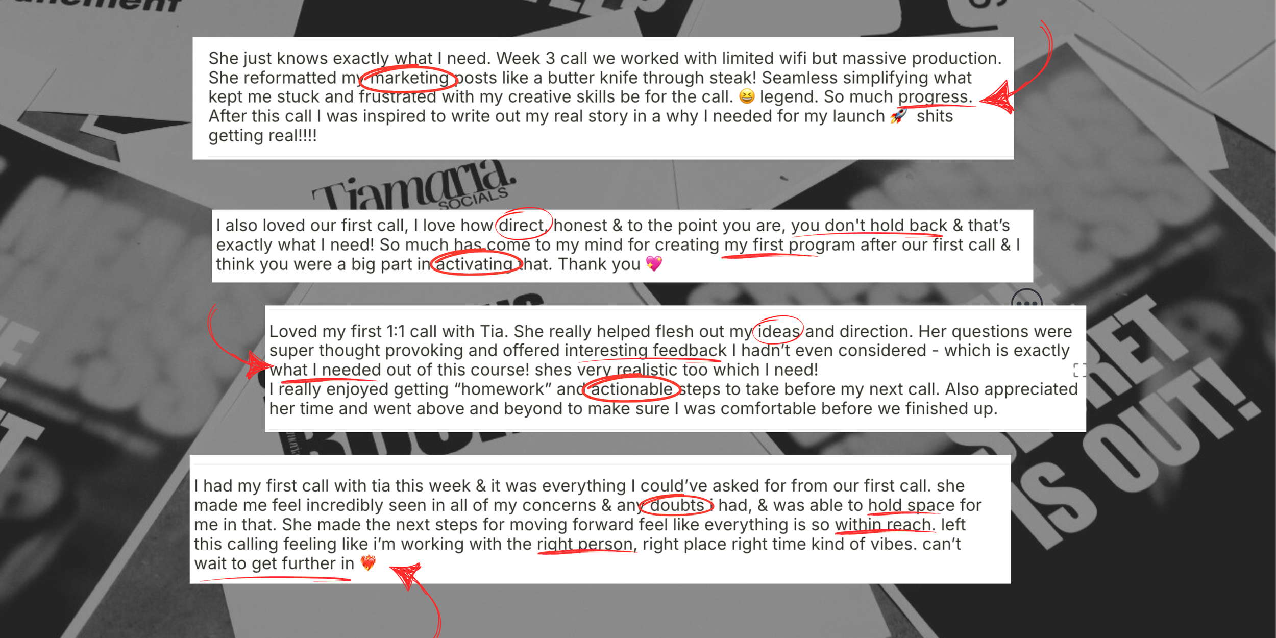 A collection of handwritten notes on digital paper with comments and words circled or underlined in red, discussing work experiences.