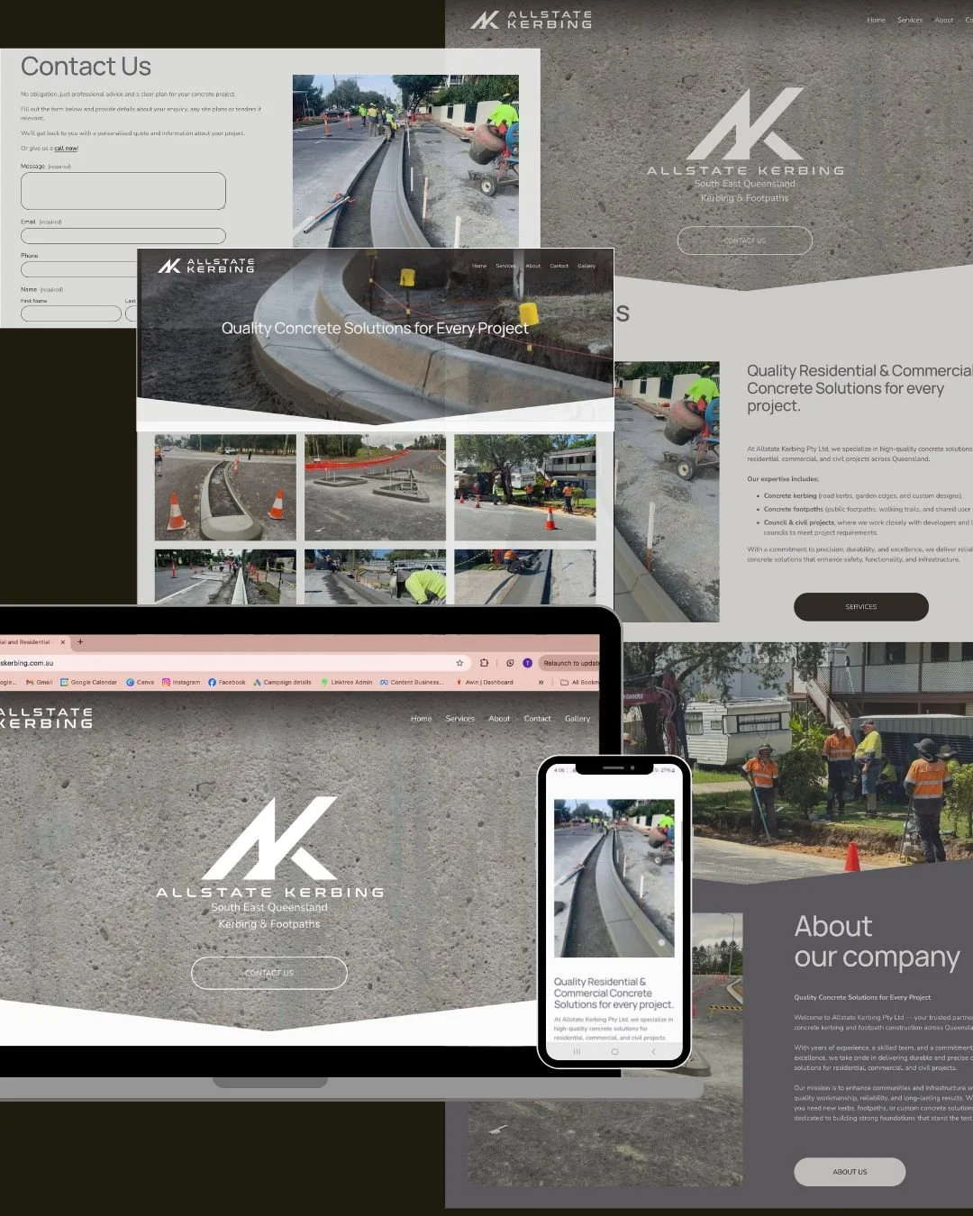 construction company's website showcasing concrete roadworks, including projects with curbs, footpaths, and road markings, along with images of workers and construction equipment. Websites fast, easy, affordable and professional designs in a week.