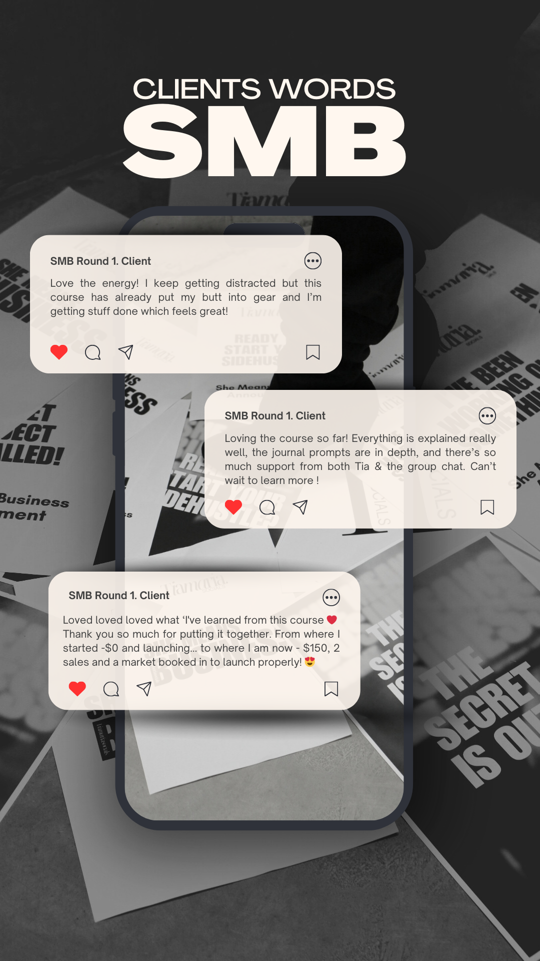 Screenshot of social media comments about a course, featuring three client messages praising the course and explaining their positive experiences.