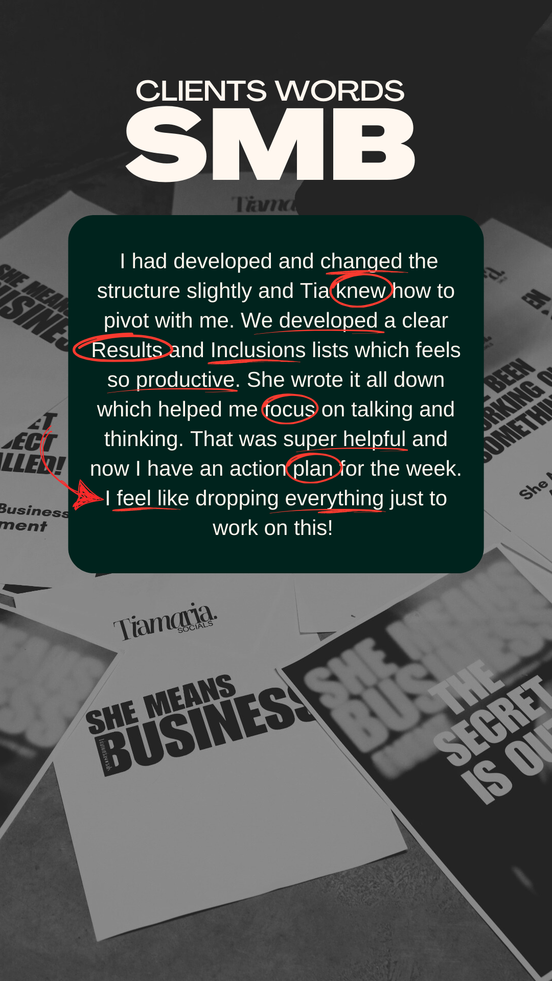 A screenshot shows a text overlay with handwritten annotations. The text discusses developing and changing structures, results, and focusing on tasks. The background contains various printed business materials such as papers and flyers with headlines