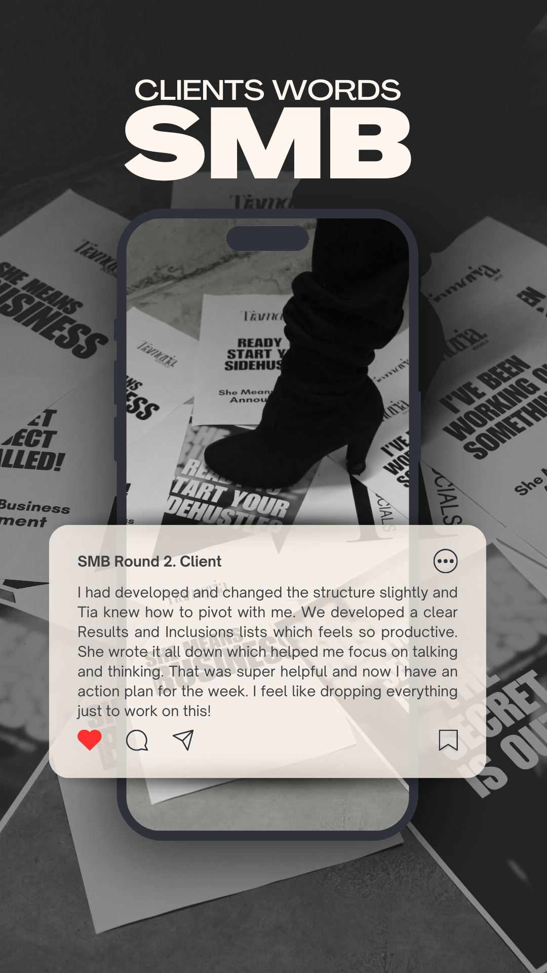 A smartphone screen displaying a feedback comment about a business coaching session, with black and white papers in the background that include motivational phrases like "READY TO START YOUR SIDEHUSTLE" and "RESTART YOUR BUSINESS."