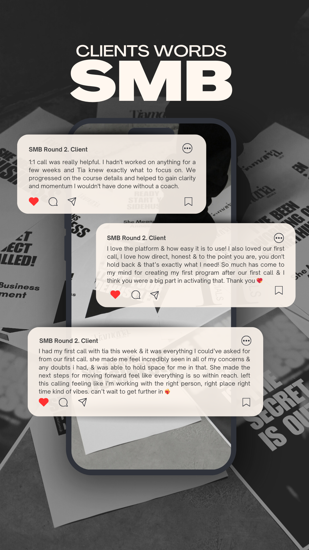 Three client testimonials about a coaching or training platform, with each message showing positive feedback, heart, comment, like icons, and a bookmark icon.