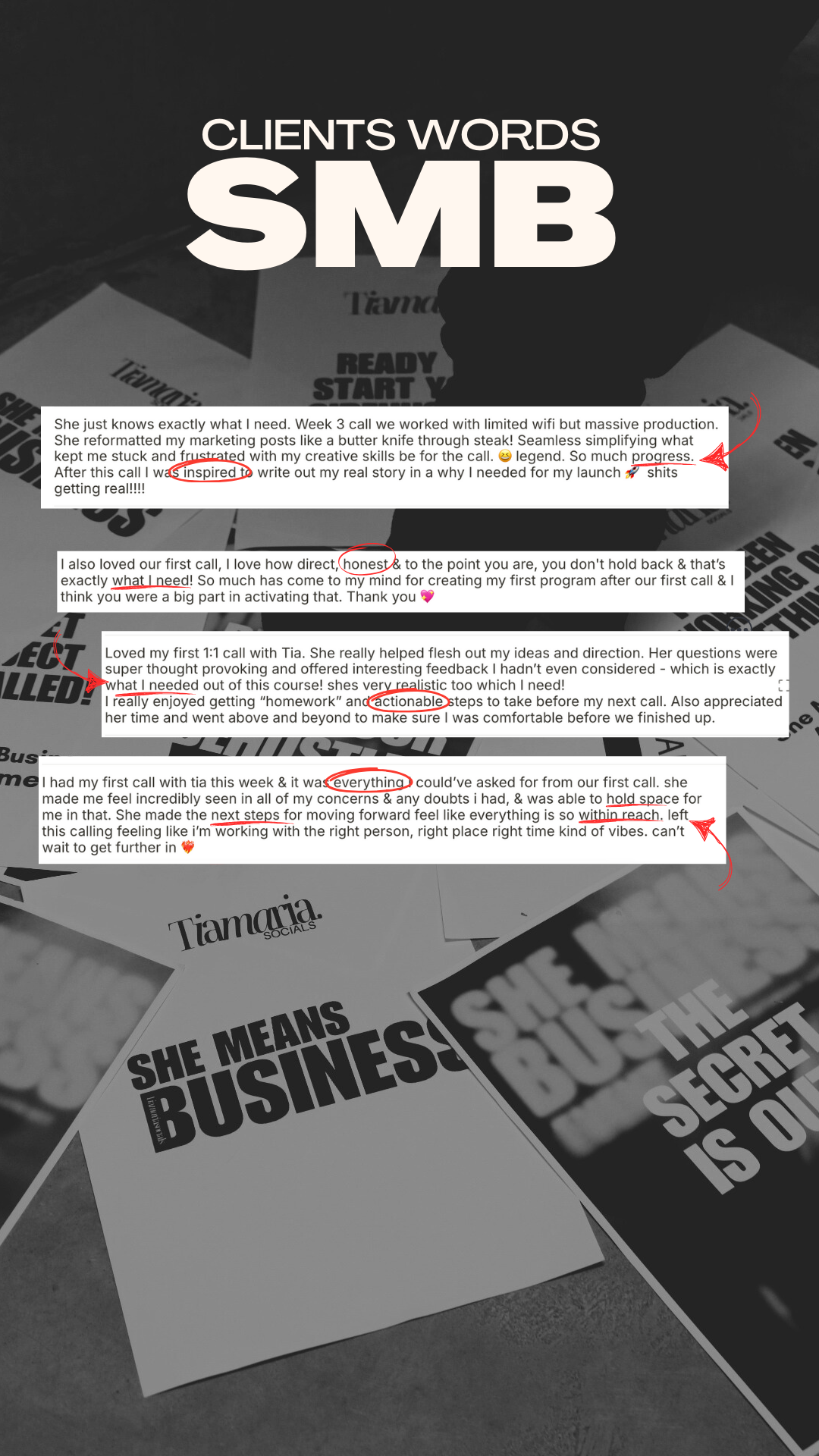 Screenshot of a text document over a black and white background with various papers, including some with text like "SHE MEANS BUSINESS" and "THE SECRET IS OUT."