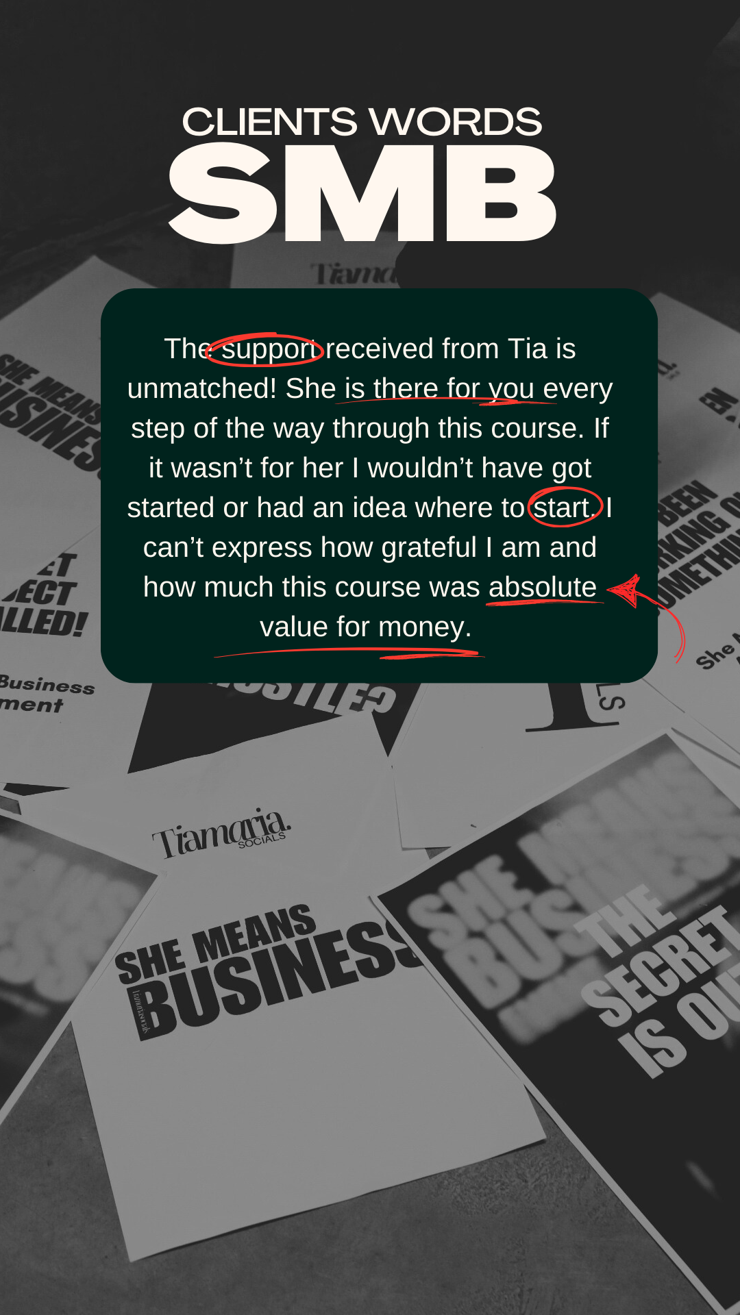 Screen with text overlay about client words SMB, showing a positive review of a course with highlighted words support, start, and absolute.