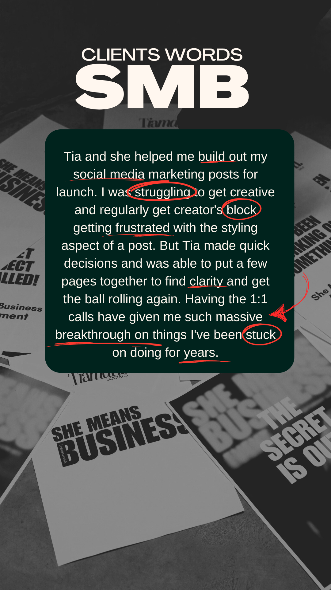 A screenshot of a digital article about social media marketing for small business, overlaid on a background of printed marketing materials, with annotations highlighting specific words.