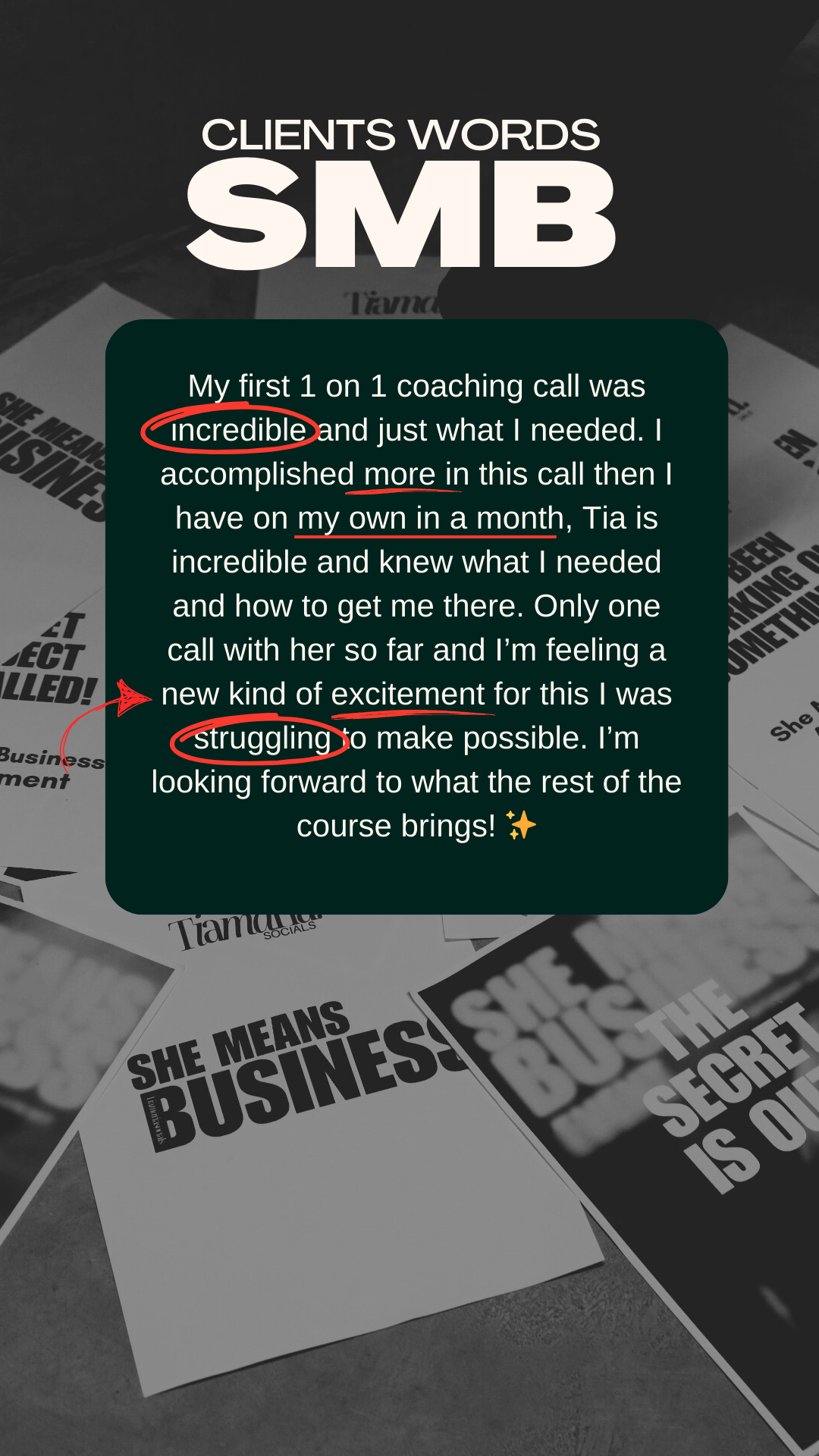 Screenshot of a virtual testimonial or review about coaching, with highlighted words such as 'incredible,' 'my own in a month,' 'struggling,' and a background featuring business-themed flyers or posters.