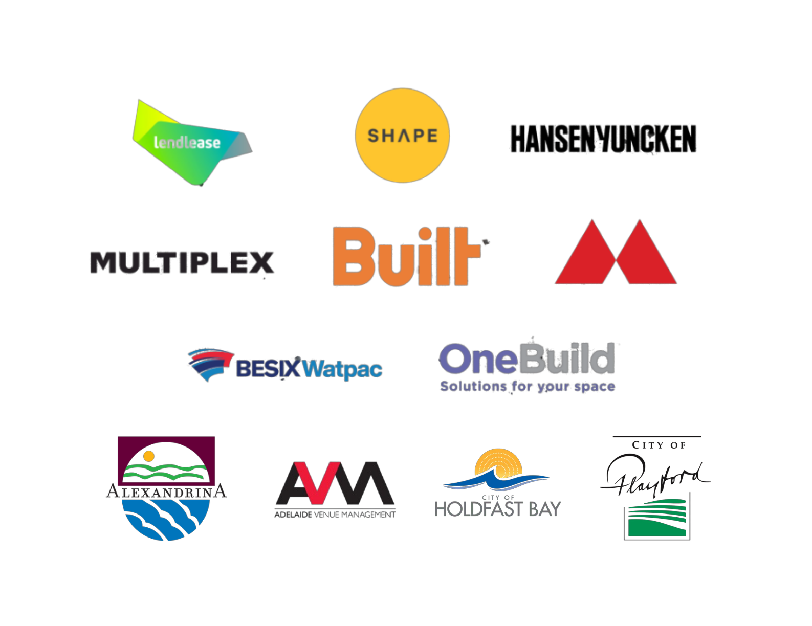 A collection of various real estate, venue management, and municipal logos, including BESIX Watpac, City of Playford, City of Holdfast Bay, Alexandrina, Adelaide Venue Management, and others.