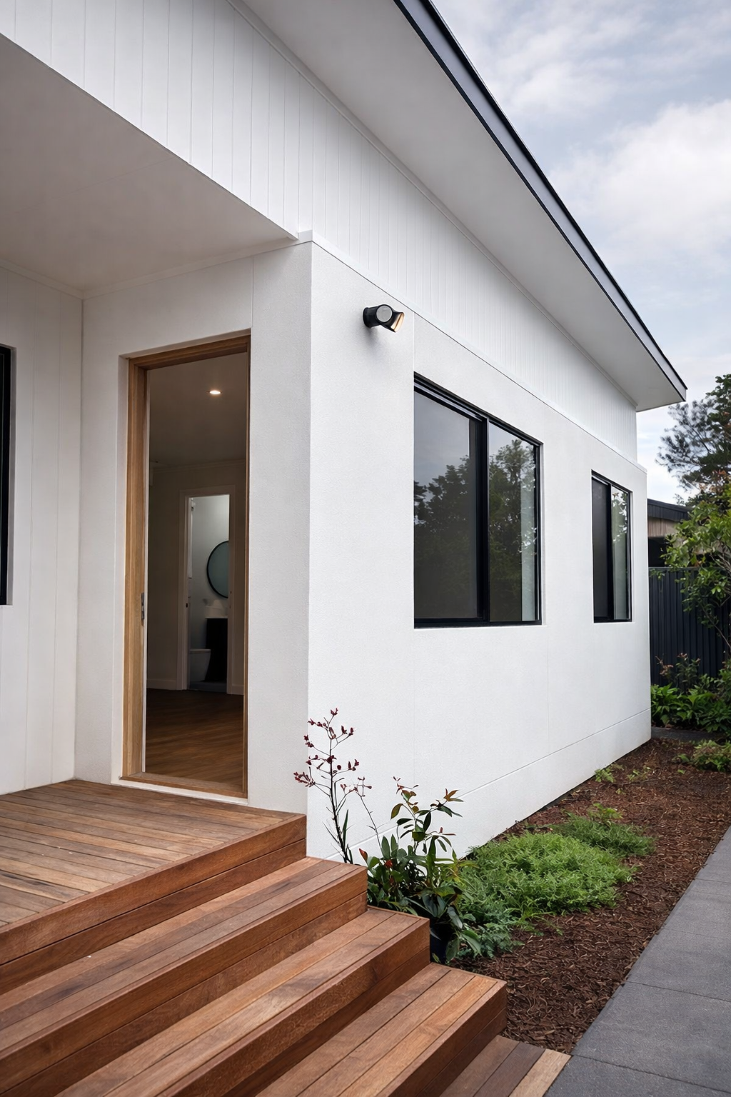 Modern white house exterior with wooden steps leading to an open door, large black-framed windows, and a garden with plants and trees.