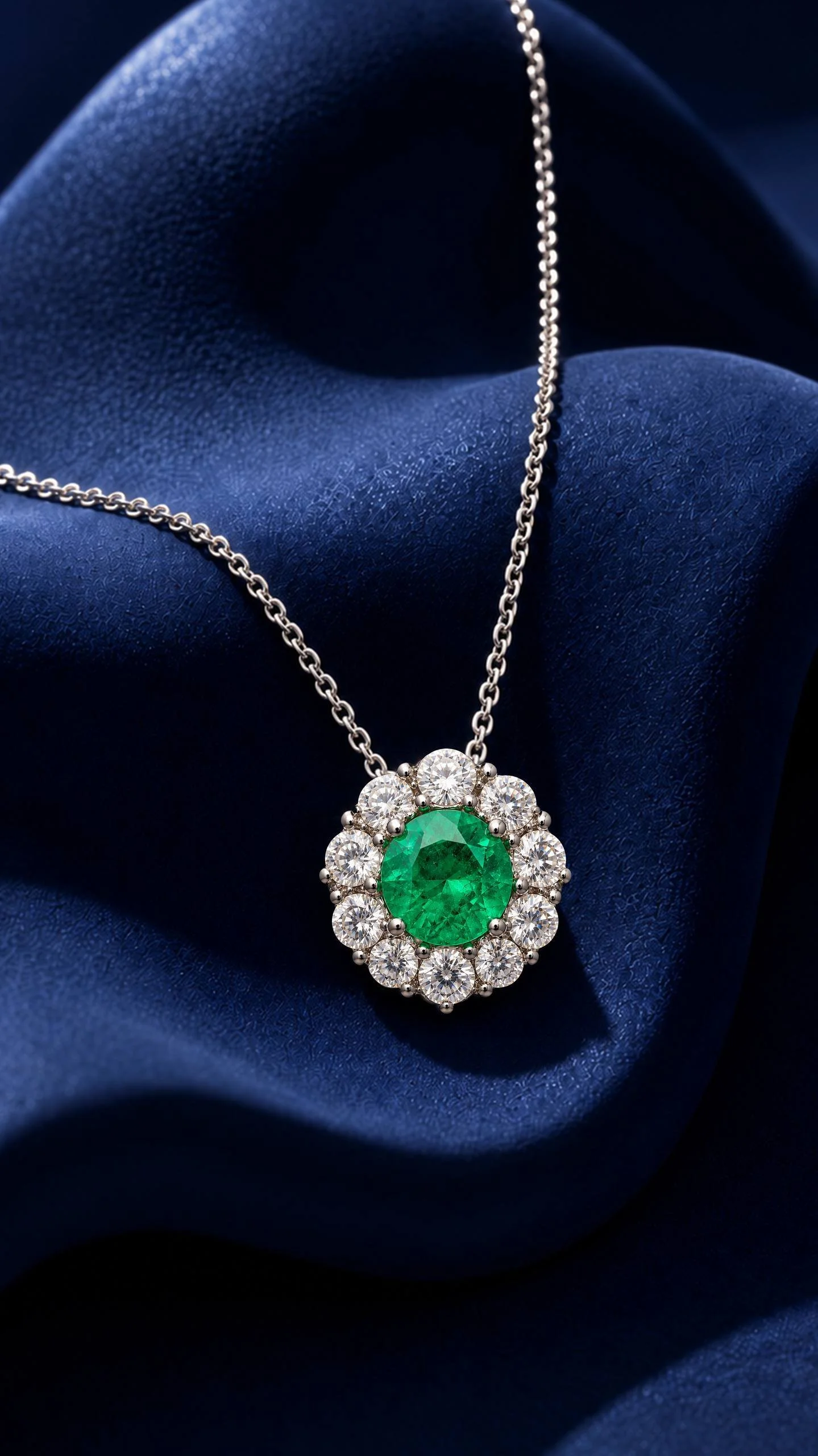 VIVI Round Emerald Pendant by AMIRAMIR Genève displayed on deep blue fabric, featuring a round Colombian emerald framed by a floral arrangement of natural diamonds.