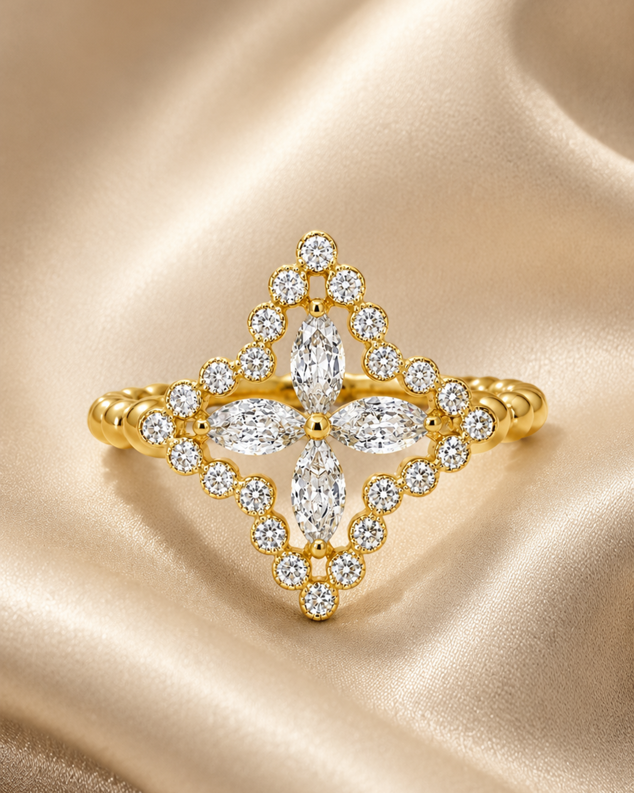 Gold jewelry with clear gemstones on a golden satin fabric background.