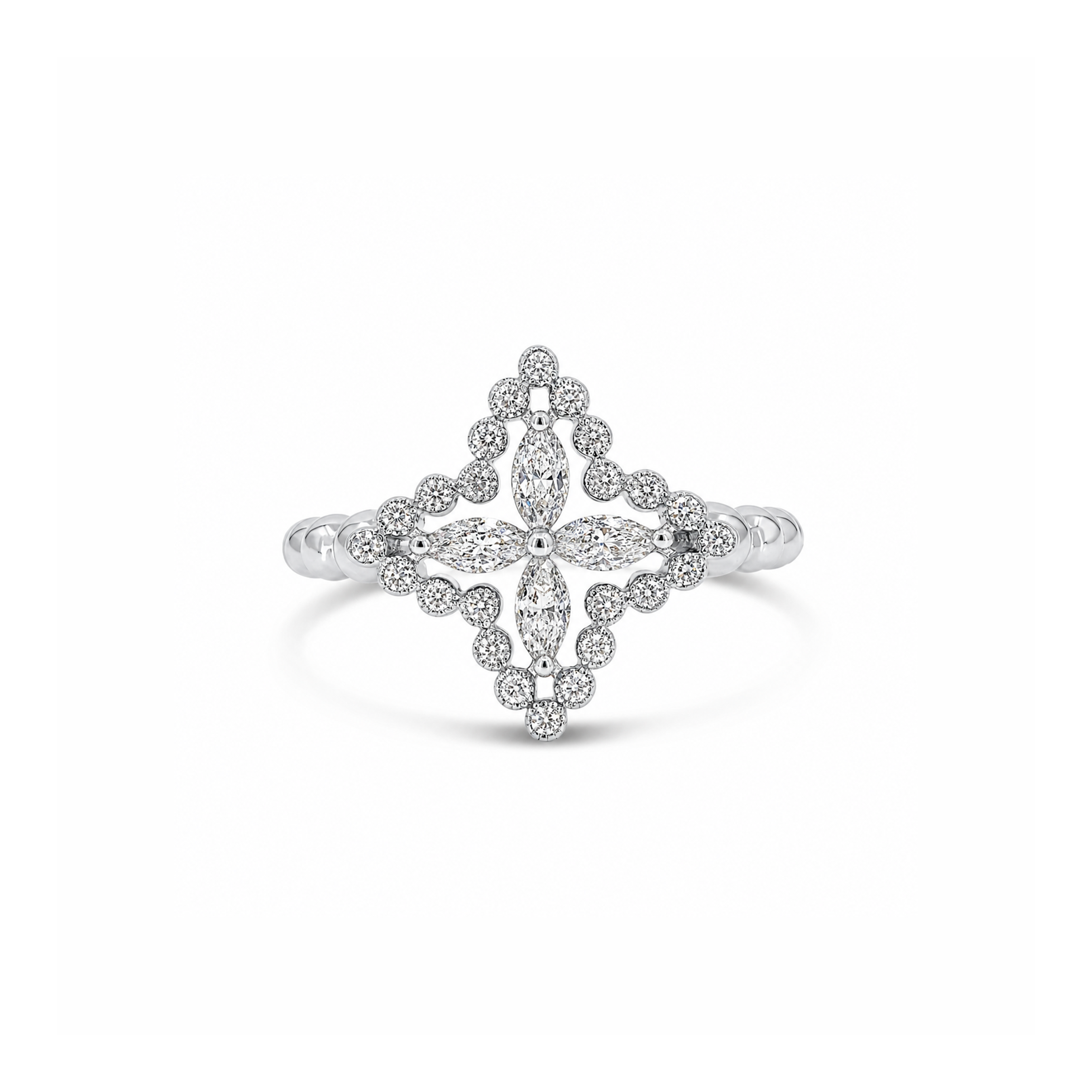 AIR Marquise Flower Ring in 18K white gold with four marquise diamonds and a round diamond frame.