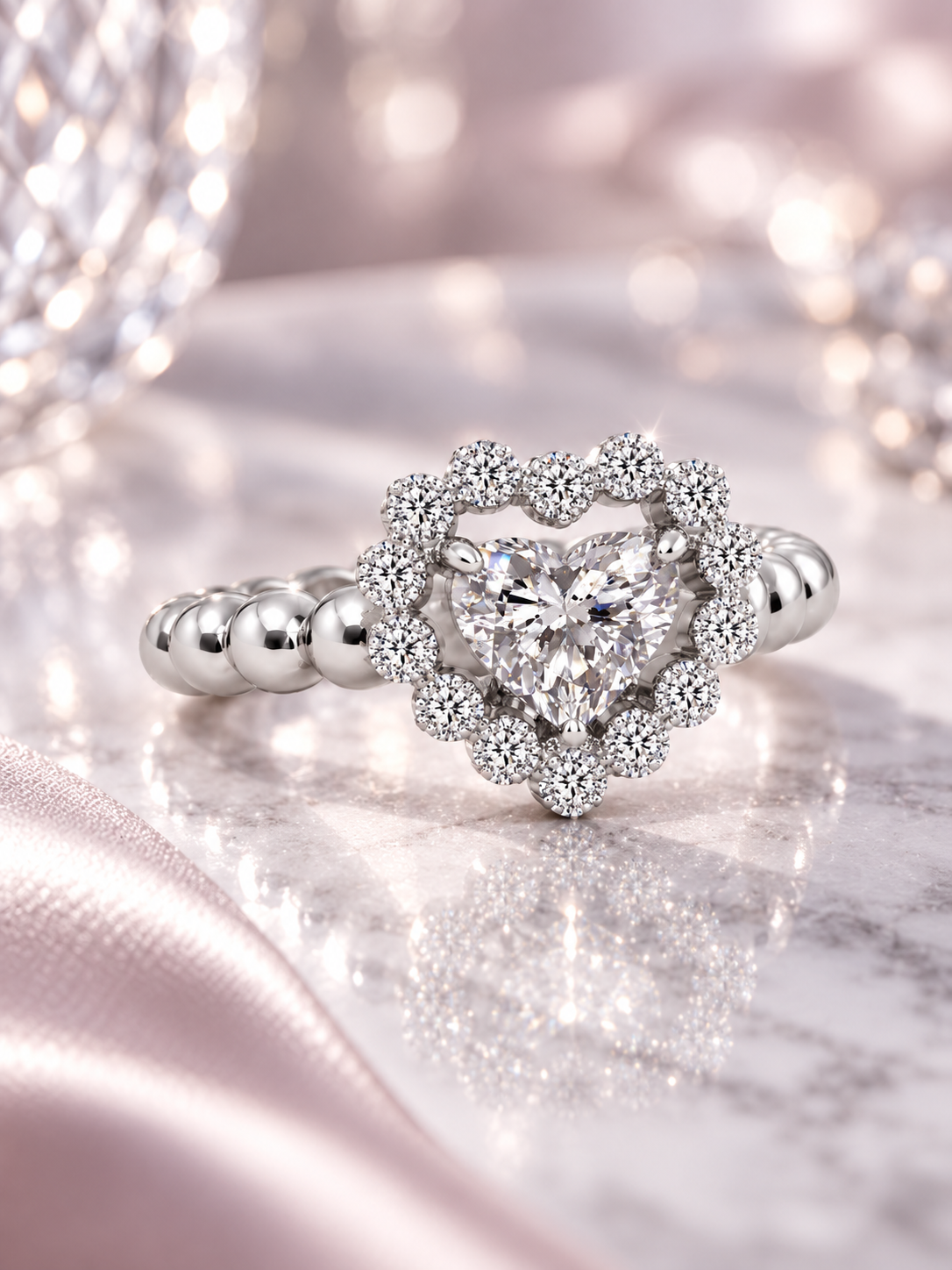 AIR Heart Diamond Ring worn on the hand, showing the heart-shaped center diamond, surrounding round diamonds and open AIR design.