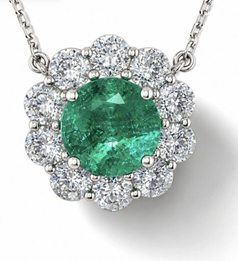 Angled side view of the VIVI Round Emerald Pendant by AMIRAMIR Genève, showing the raised setting of the central Colombian emerald and surrounding diamonds.