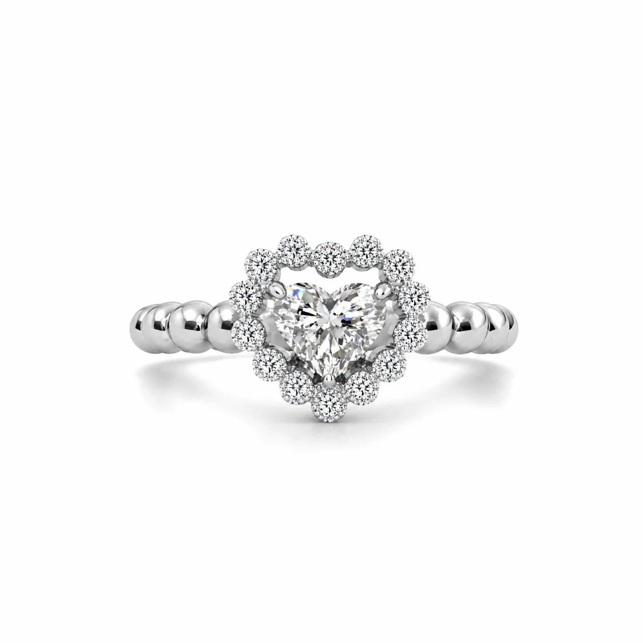 AIR Heart Diamond Ring in 18K gold featuring a heart-shaped diamond and round diamond frame photographed from the front.