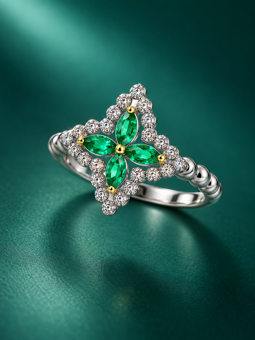 Perspective view of the AIR Marquise Flower Ring showing the Colombian emerald flower center, round diamond frame and open AIR setting.